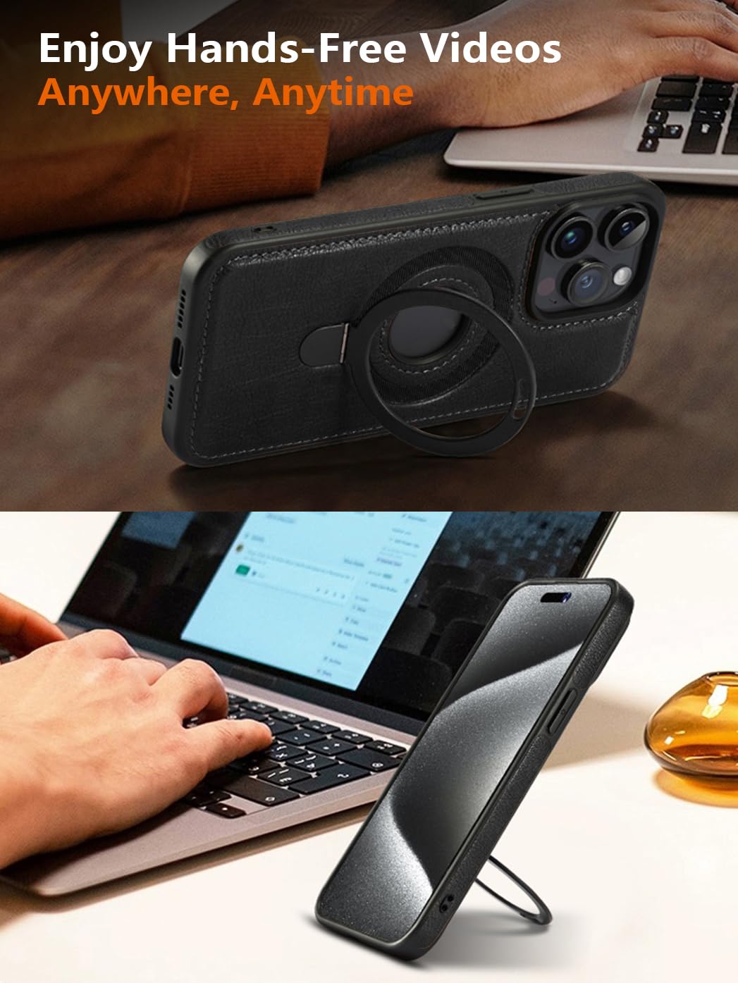 Vauserdy Magnetic For Iphone 14/13 Leather Case,Invisible Stand [Compatible With Magsafe] Slim Kickstand Phone Cove (Black, Ipho