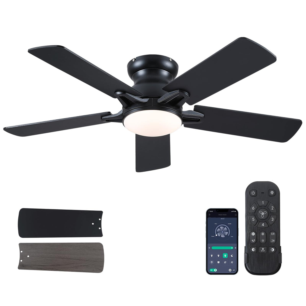 Chesur 48In Ceiling Fans With Lights Flush Mount   Black Low Profile Ceiling Fan With 5 Dual Sided Blades, Reversible And 6 Spee