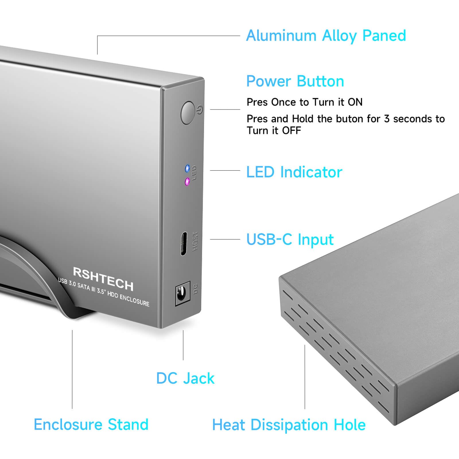 Rshtech Hard Drive Enclosure Upgraded Version 3.5'' Aluminum Usb C To Sata External Hard Drive Dock Case For 3.5 Inch Hdd & Ssd