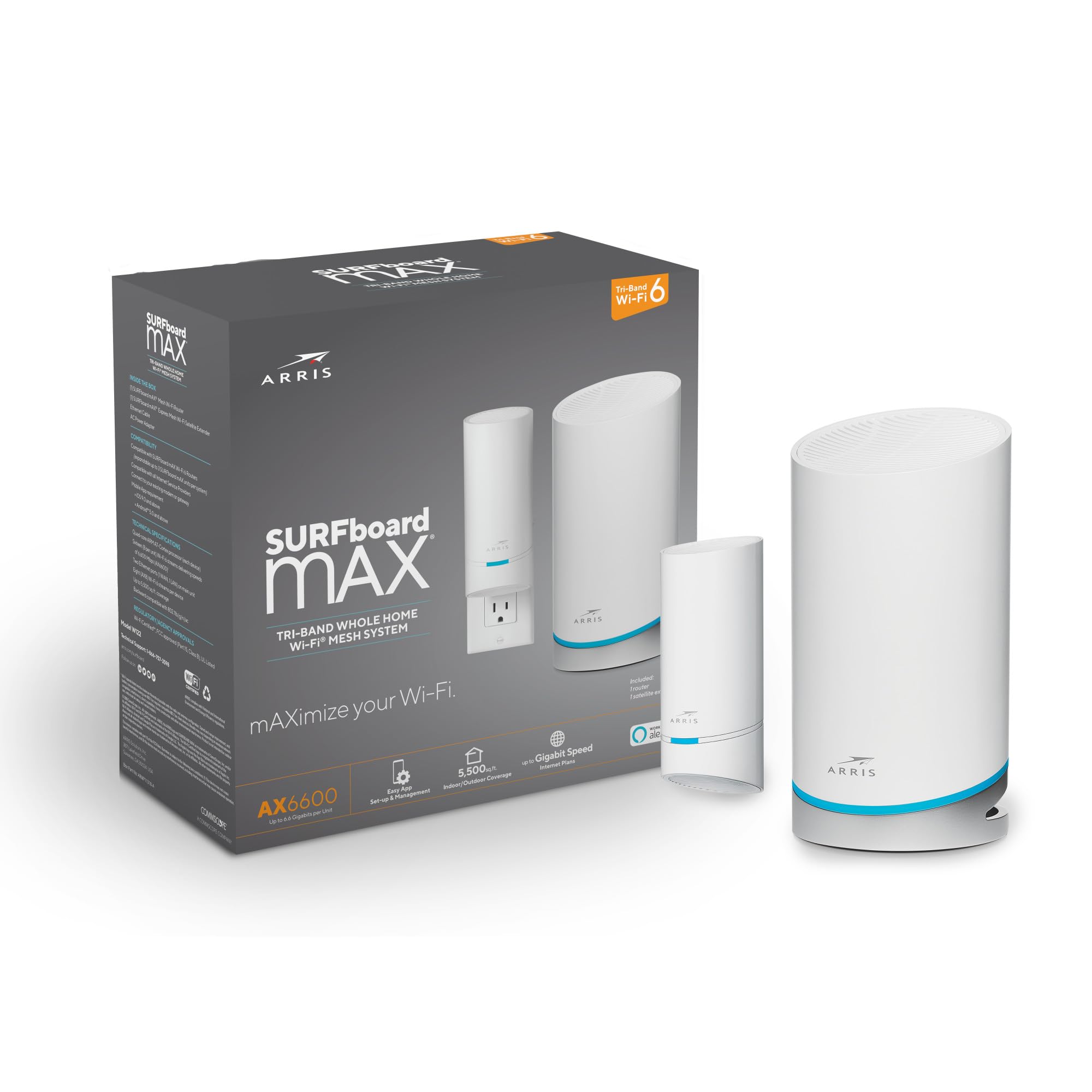 Arris Surfboard Max W122 Mesh Wi Fi 6 System, Ax6600 Wi Fi Speeds Up To 6.6 Gbps, Coverage 5,500 Sq Ft, Wall Plug Satellite, Ale
