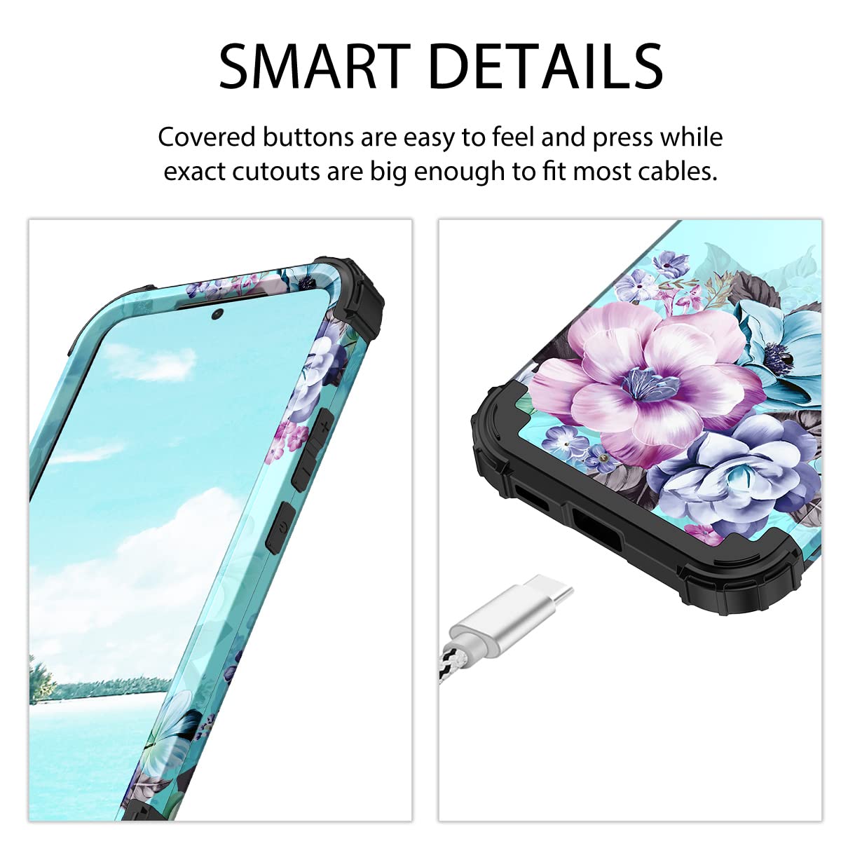 Casetego Compatible With Galaxy S22 5G Case,Floral Three Layer Heavy Duty Sturdy Shockproof Full Body Protective Cover Case For