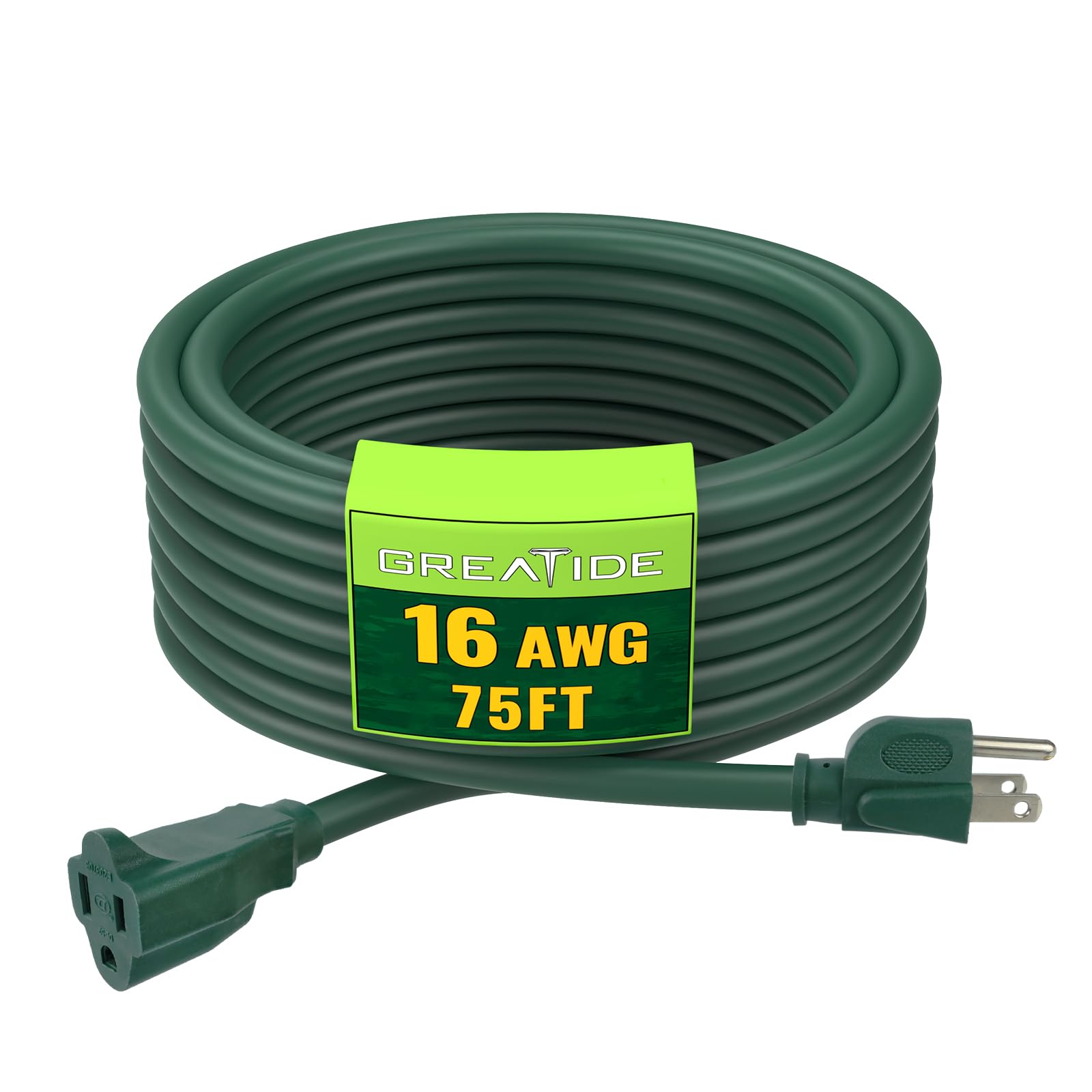 Greatide Indoor Outdoor Extension Cord 75 Ft, 16/3 Sjtw Weatherproof Green Electrical Cords, 13 Amp Heavy Duty 3 Prong Power Cab
