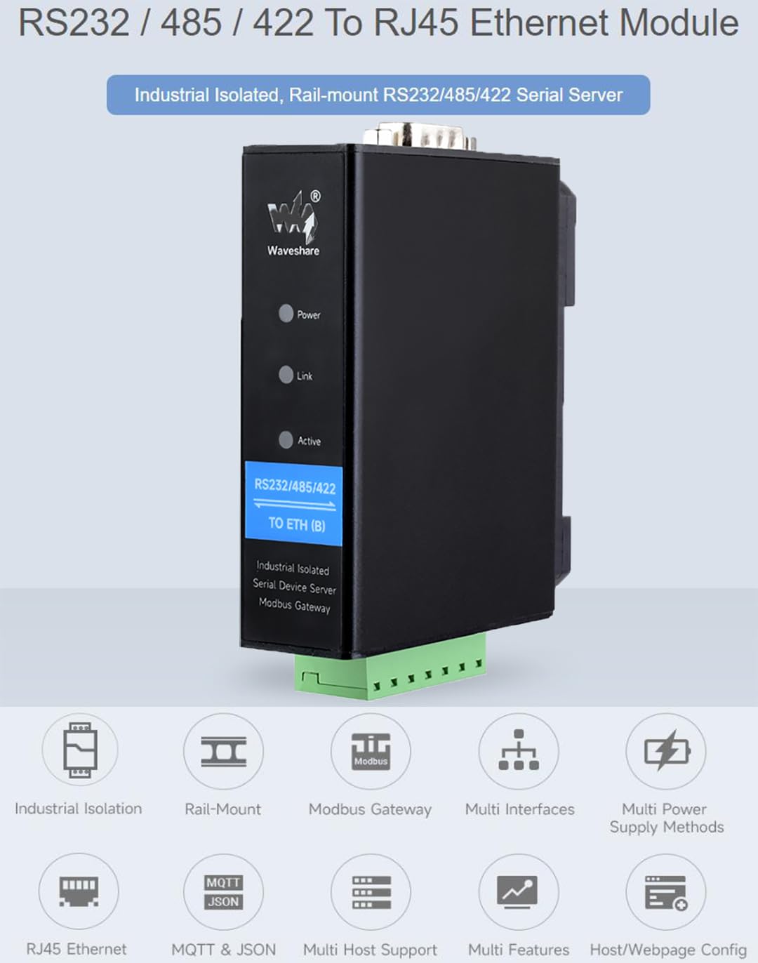 Waveshare Industrial Isolated Rail Mount Rs232/485/422 Serial Server, Rs232/485/422 To Rj45 Ethernet Module, Tcp/Ip To Serial Co