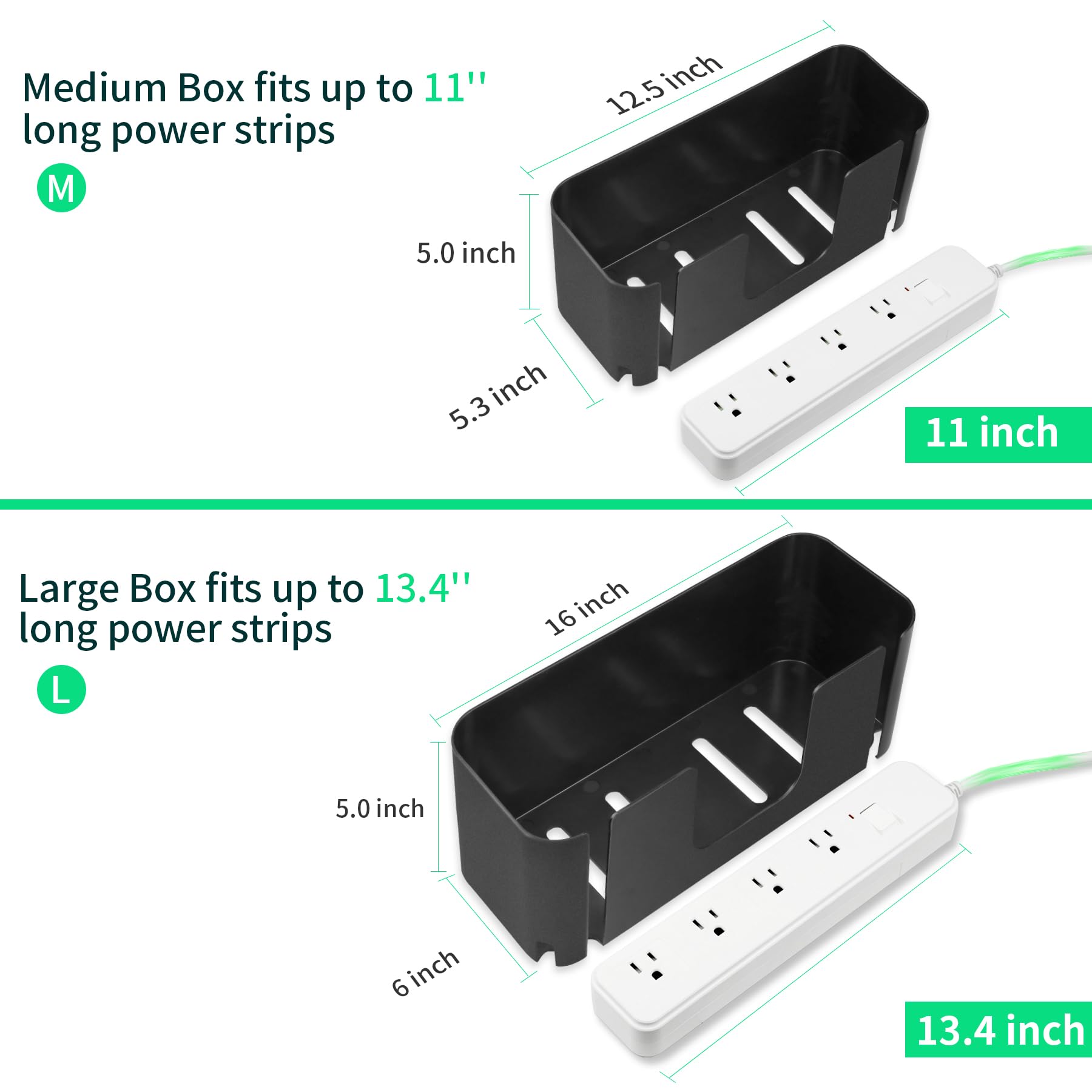 YANWEN Cable Management Box for Power Strips Wire Management Plastic Black Large & Medium 2-Pack