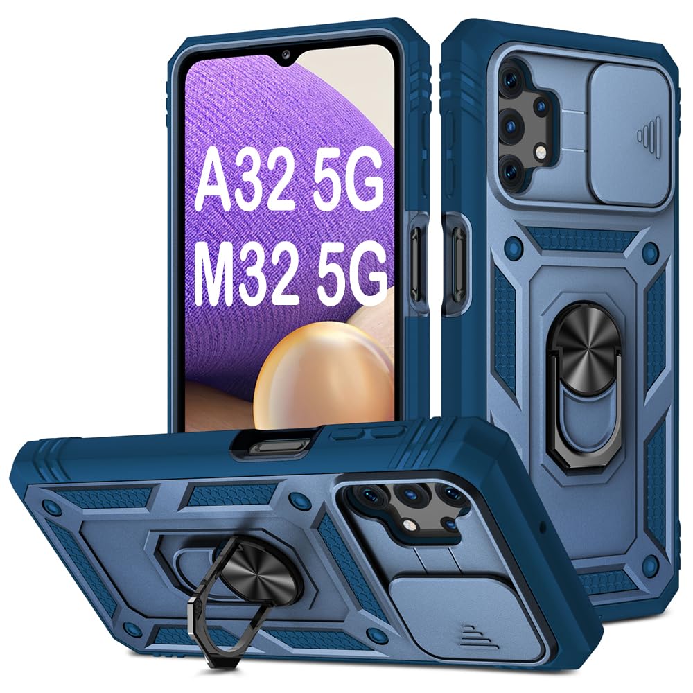 PASNEW for Samsung Galaxy A32 & M32 5G Case,Camera Lens Cover & Charge Port Dust Plug & Rotating Ring Kickstand,Military Heavy D