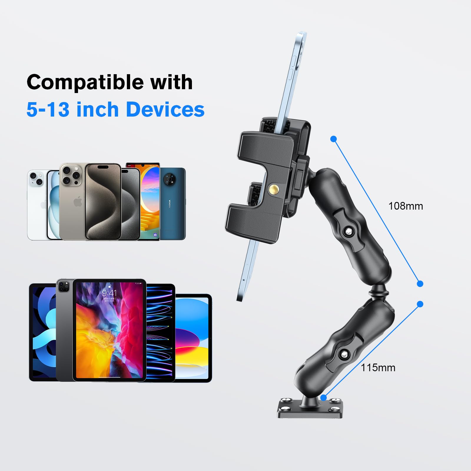 Ohlpro Dashboard Mount Tablet Holder For Car Heavy Duty Drill Base, For Ipad Pro Samsung Galaxy Kindle Fire 5'  13' All Tablets, Universal Adjustable Arm Tablet Car Mount For Wall/Truck/Desk, Etc.
