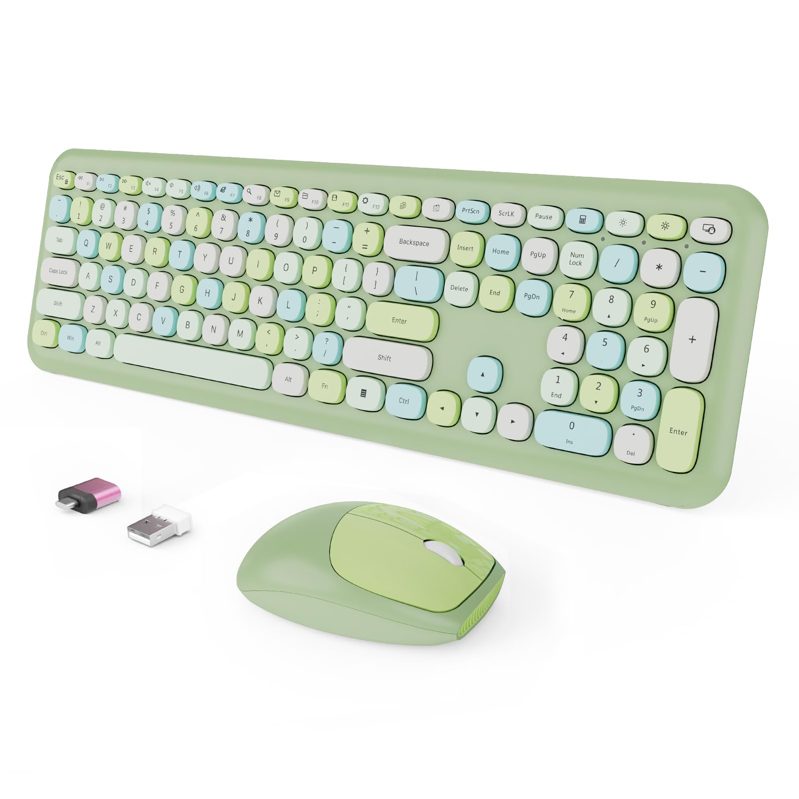 Wireless Keyboard And Mouse Combo, Colorful Ergonomic Full Size Retro Low Noise Keyboard With Cute Keycaps, Compatible With Wind