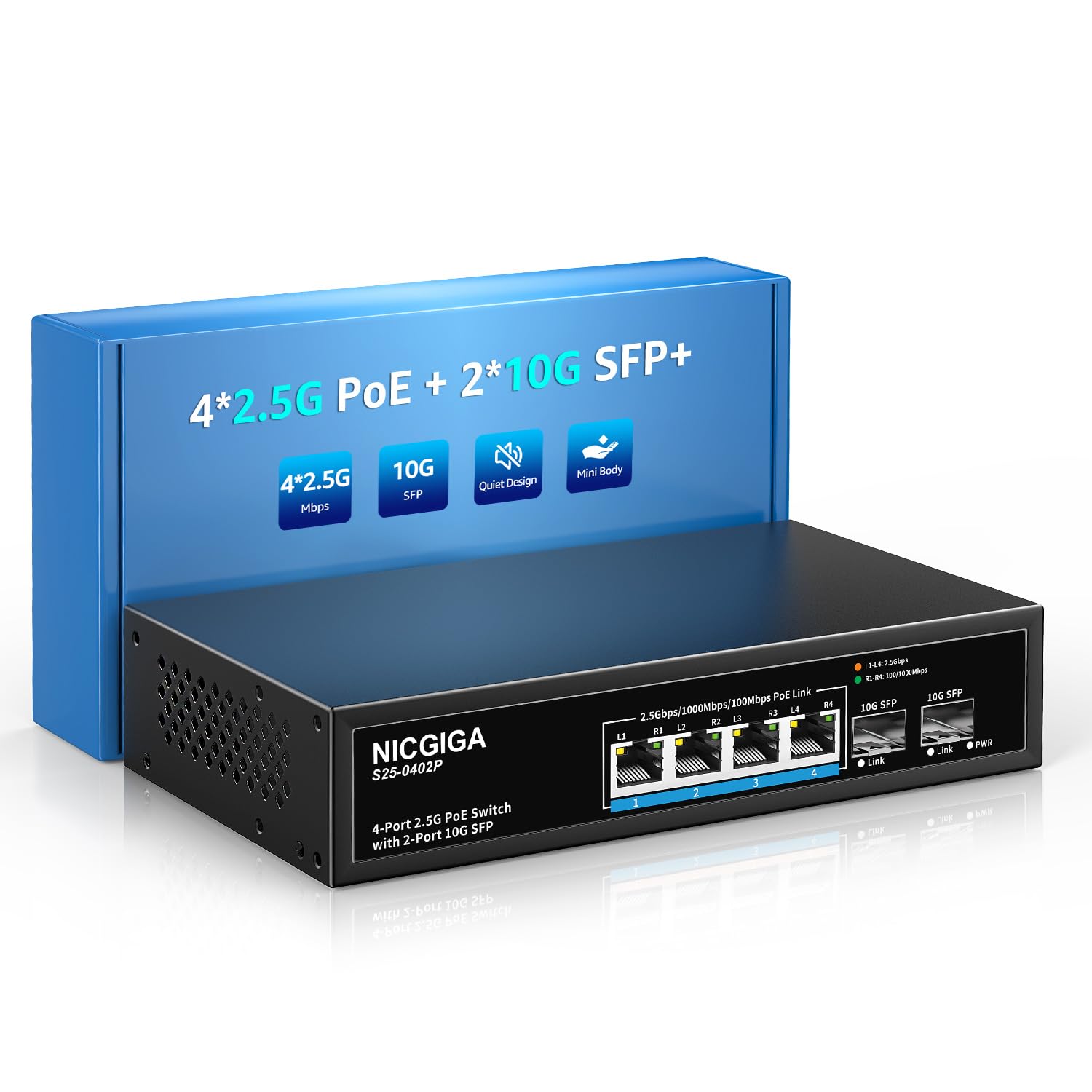 4 Port 2.5G Poe Switch Unmanaged With 4 X 2.5Gb Base T Poe+@78W + 2 X 10G Sfp Uplink, 2.5Gbe Ieee802.3Af/At Power Over Ethernet