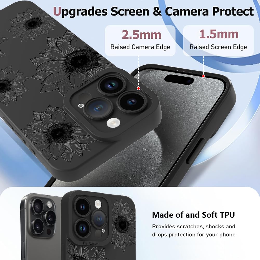 Ook Floral Case For Iphone 15 Pro Max Case, Cute Sunflower Floral Blooms Design Soft Tpu Shockproof Protective For Women Girls P