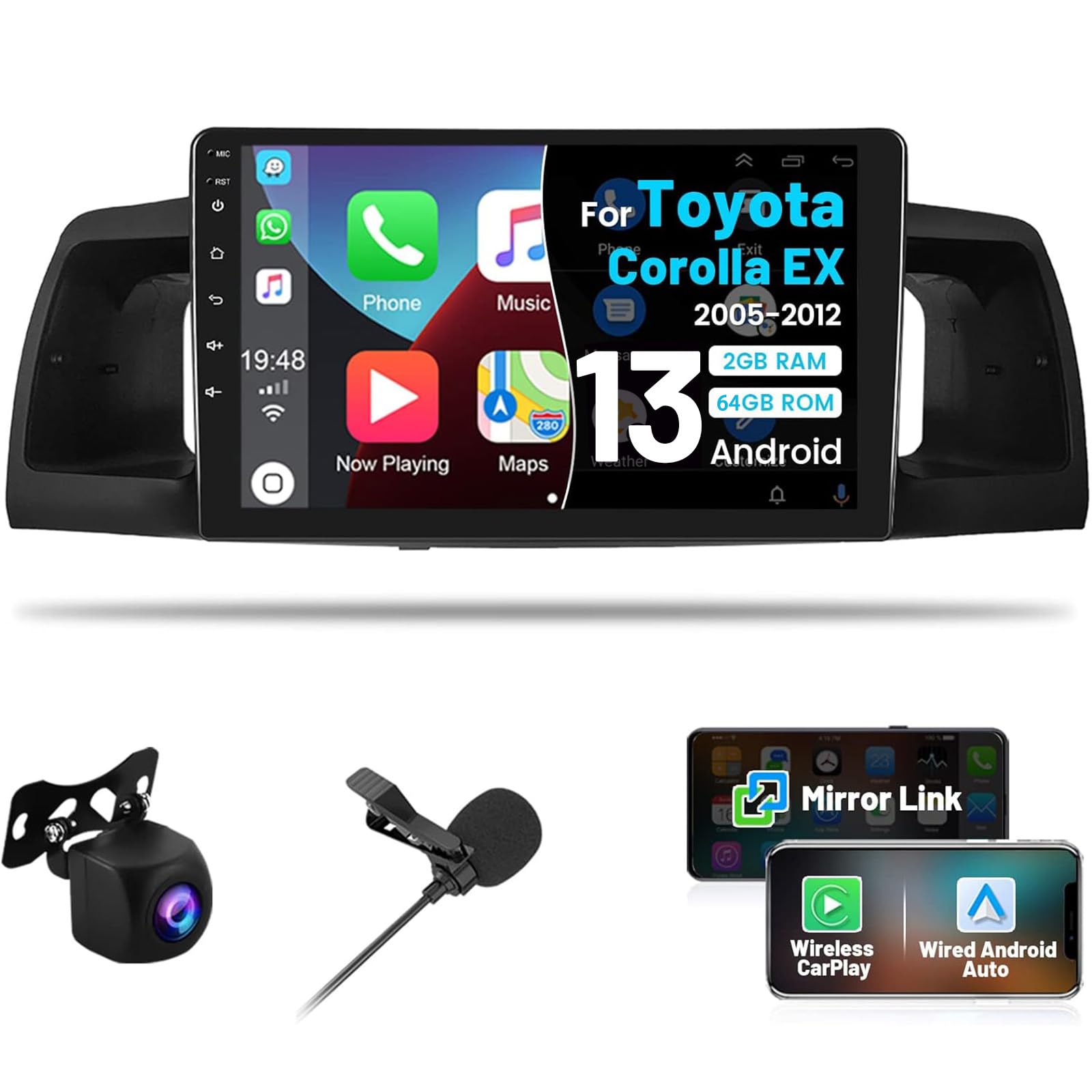 Roinvou [2G+64G] Car Radio For Toyota Corolla Ex 2005 2012 With Wireless Carplay/Android Auto, 9 Inch Android 13 Ips Touch Scree