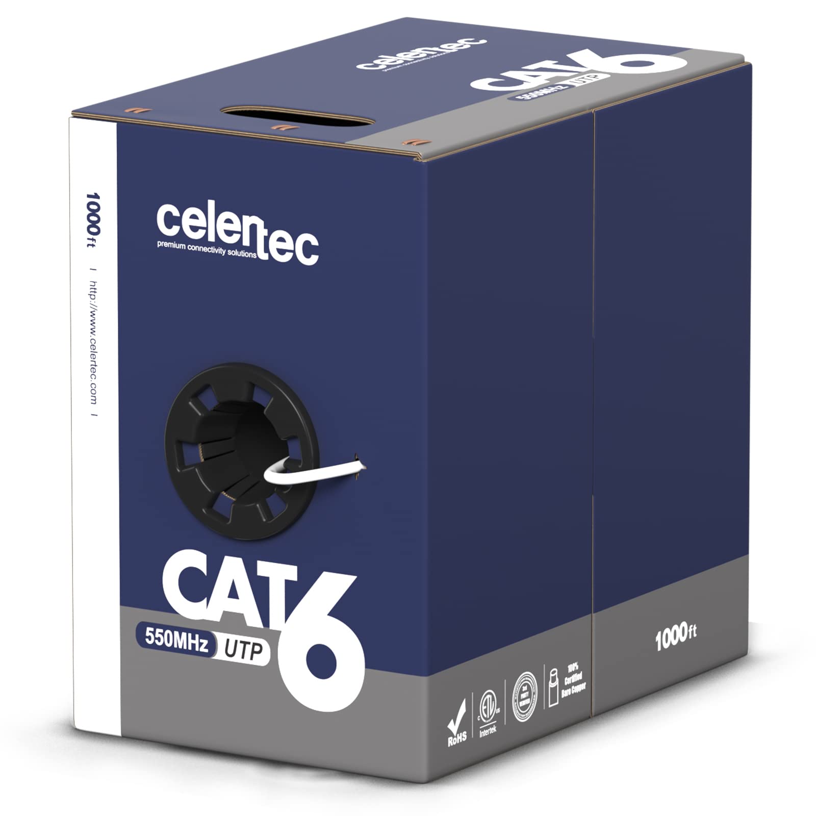 Celertec Cat6 Ethernet Cable, 1000Ft, 23Awg Solid Bare Copper, Unshielded Twisted Pairs(Utp), 550Mhz, Etl Listed &Cmr Riser Rated, Indoor, Bulk Ethernet Cable, Pull Box  White
