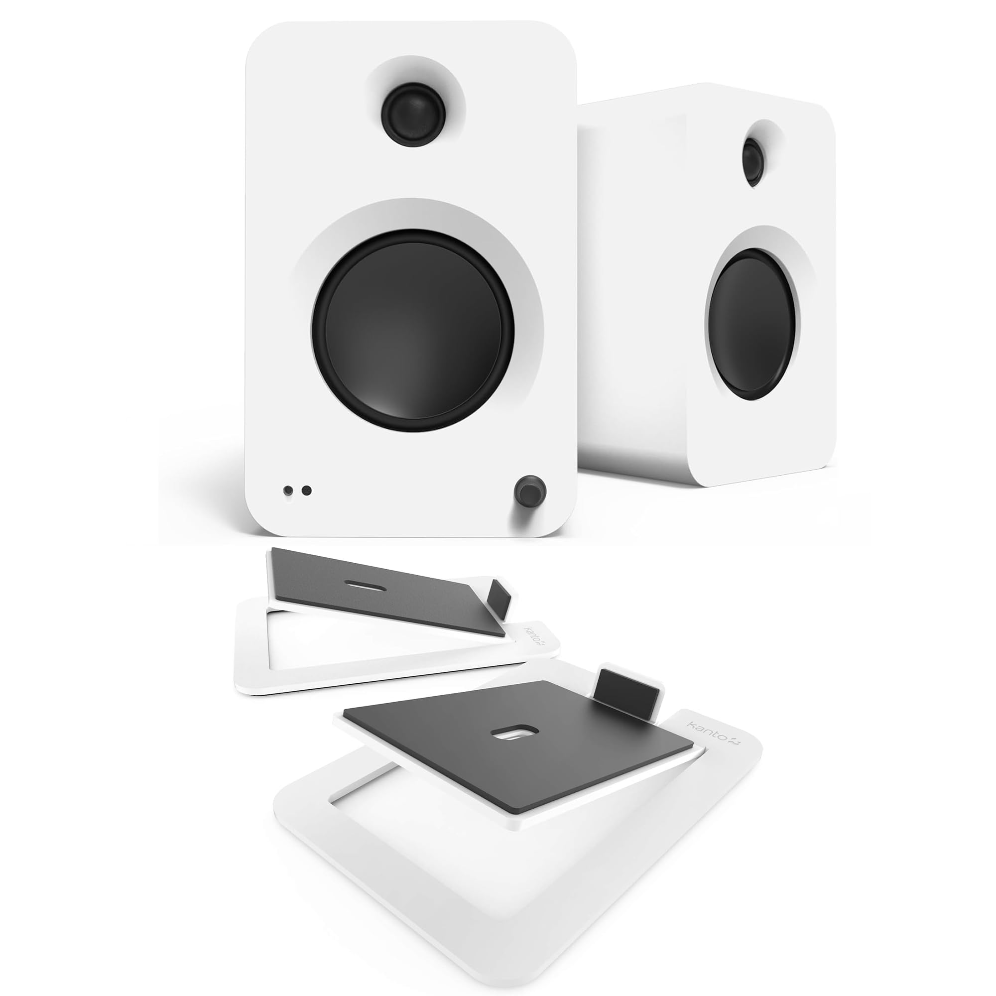 Kanto REN MW Bluetooth Powered Bookshelf Speakers - Matte White Pair S6W Angled Desktop Speaker Stands for Large Speakers - Whit