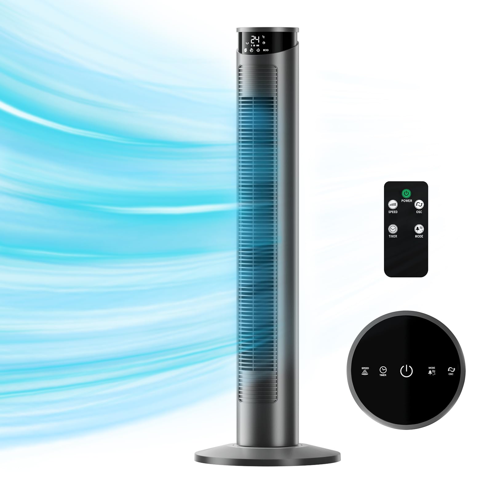 Cih Tower Fan 37 Inch,24Ft/S Velocity Quiet Oscillating Bladeless Fan 6 Speeds With Remote,4 Modes,Led Display,7.5H Timer,Grey F