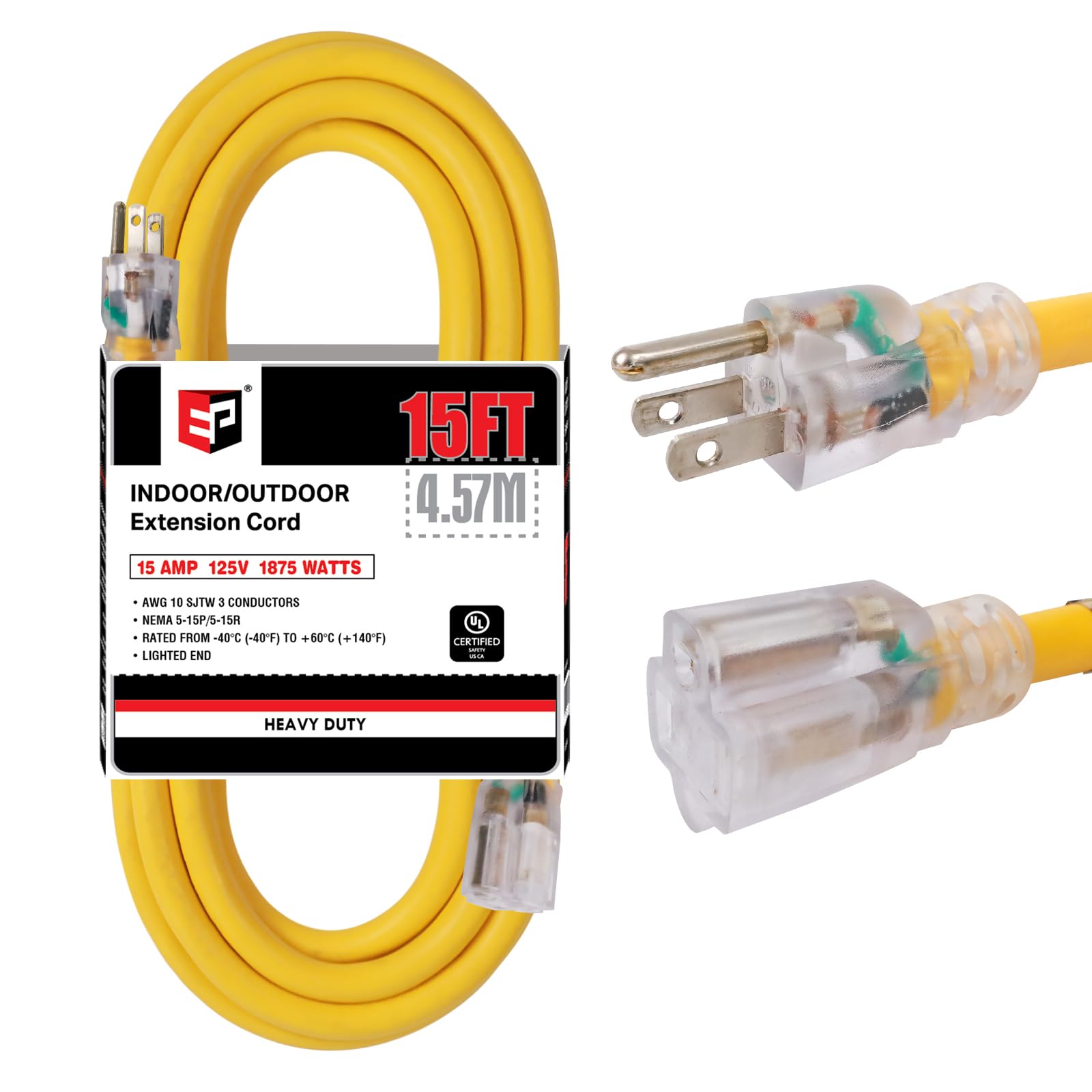 Ep 15 Ft Lighted Outdoor Extension Cord   10/3 Sjtw Heavy Duty Yellow Extension Cable With 3 Prong Grounded Plug For Safety, Ul