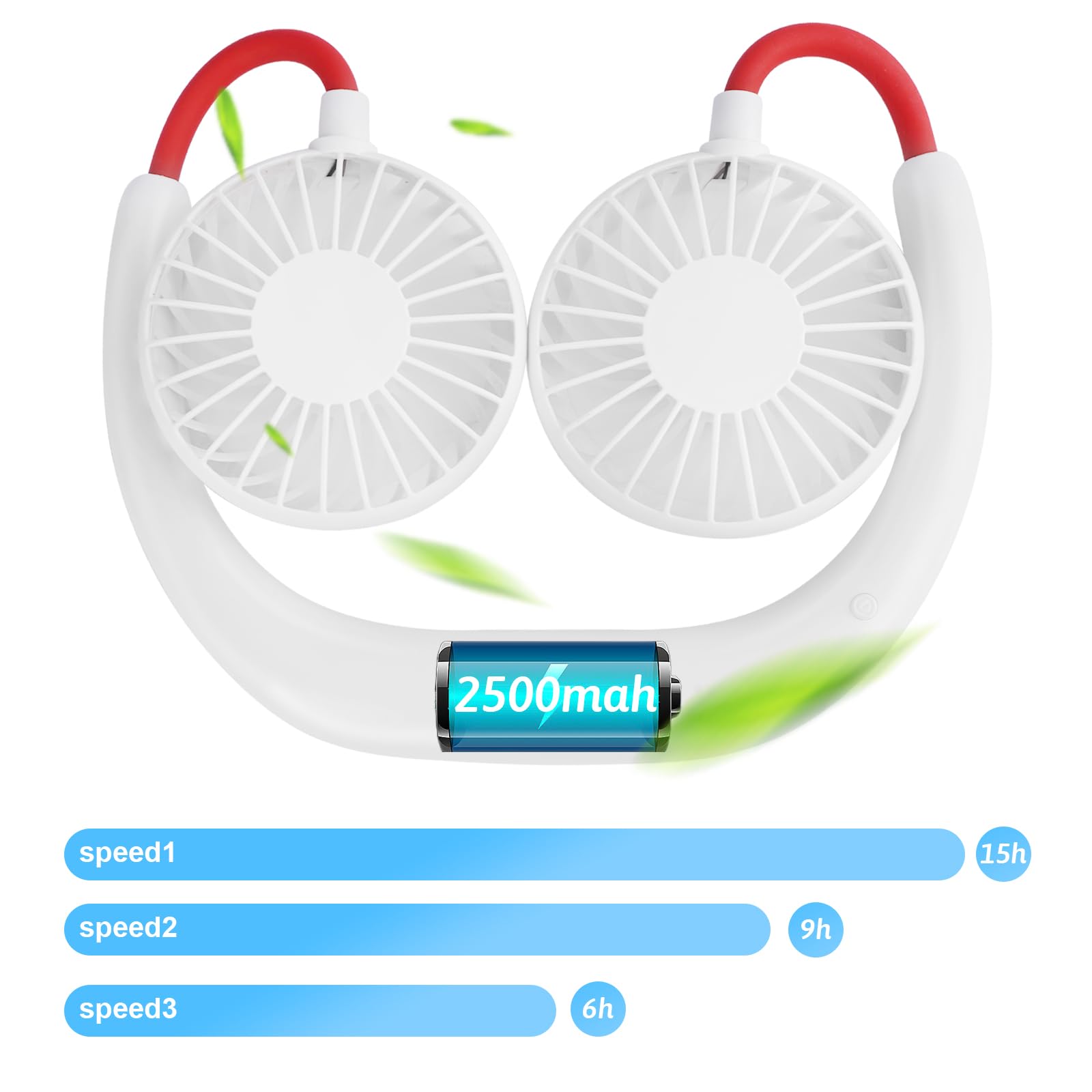 Haomaomao Portable Neck Fan NBF3 Hands-Free Rechargeable 2500mAh Double Headed Plastic White
