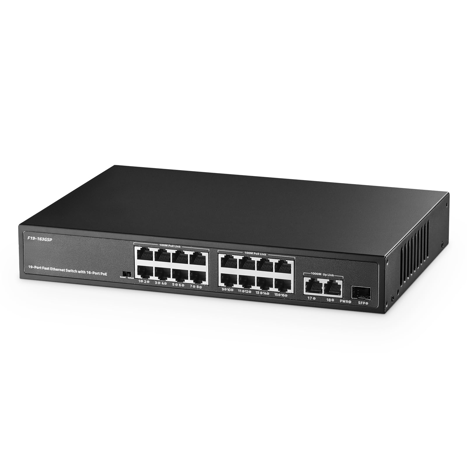 POE Switch 19 Port , 16 POE+ 100Mbps, 2 Gigabit Uplink, 1 SFP, IEEE802.3af/at, 300W Internal Power Supply, Metal Case Unmanaged 