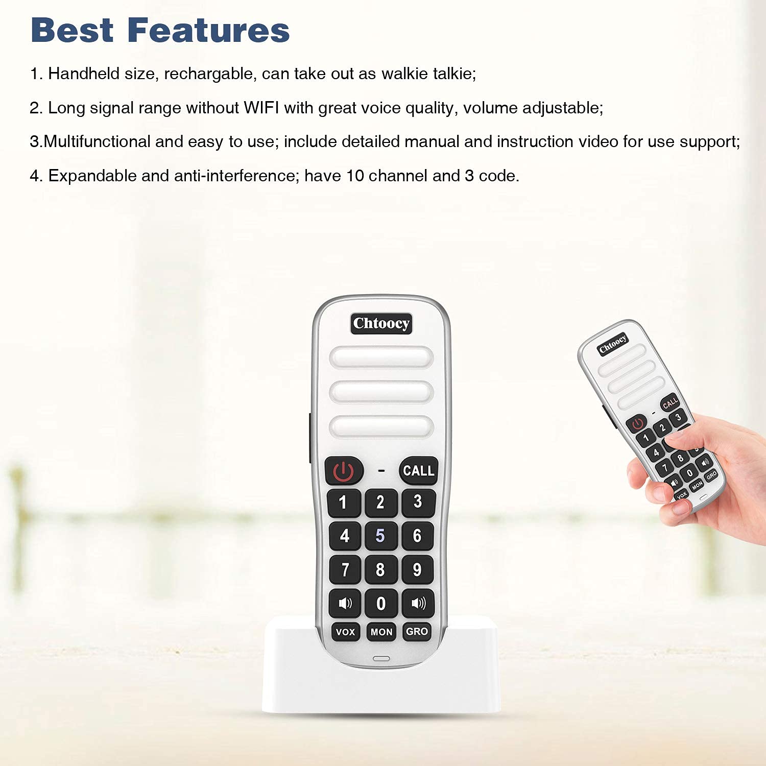 Chtoocy Rechargeable Handheld Intercoms Wireless For Home 1 Mile Range 10 Channel, Wireless Intercom System For Home Business Office, Home Room To Room Communication System (2 Packs, White)