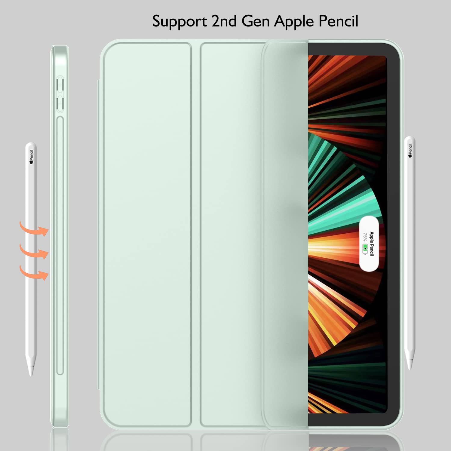 Imieet New Ipad Pro 12.9 Case 2022(6Th Gen)/2021(5Th Gen) With Pencil Holder [Support Ipad 2Nd Pencil Charging/Pair],Trifold Stand Smart Case With Soft Tpu Back,Auto Wake/Sleep(Pale Green)
