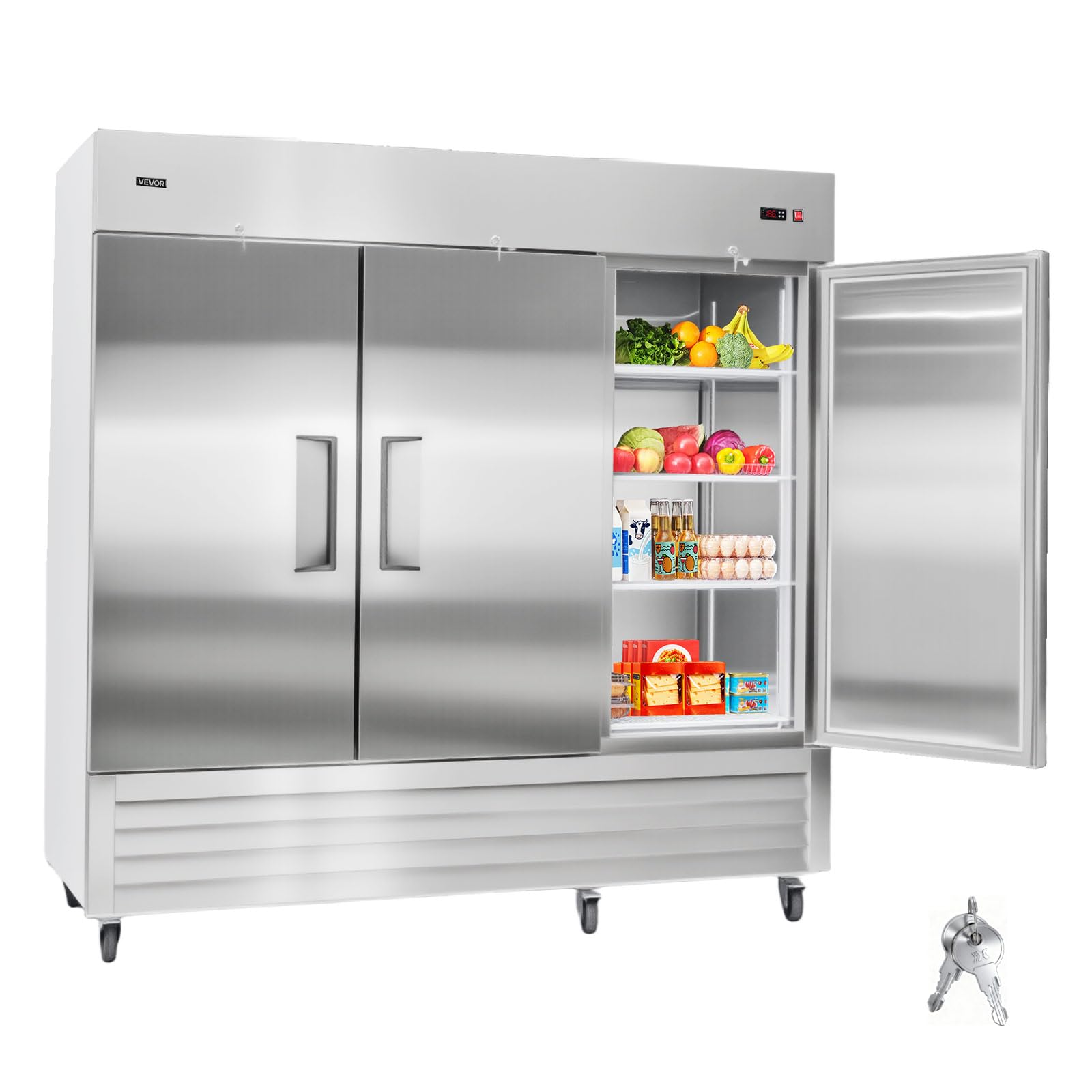 VEVOR Commercial Reach-In Refrigerator 85 W, 69 Cu.Ft Stainless Steel Upright Refrigerator with Three Doors, Auto-Defrost, 12 Ad