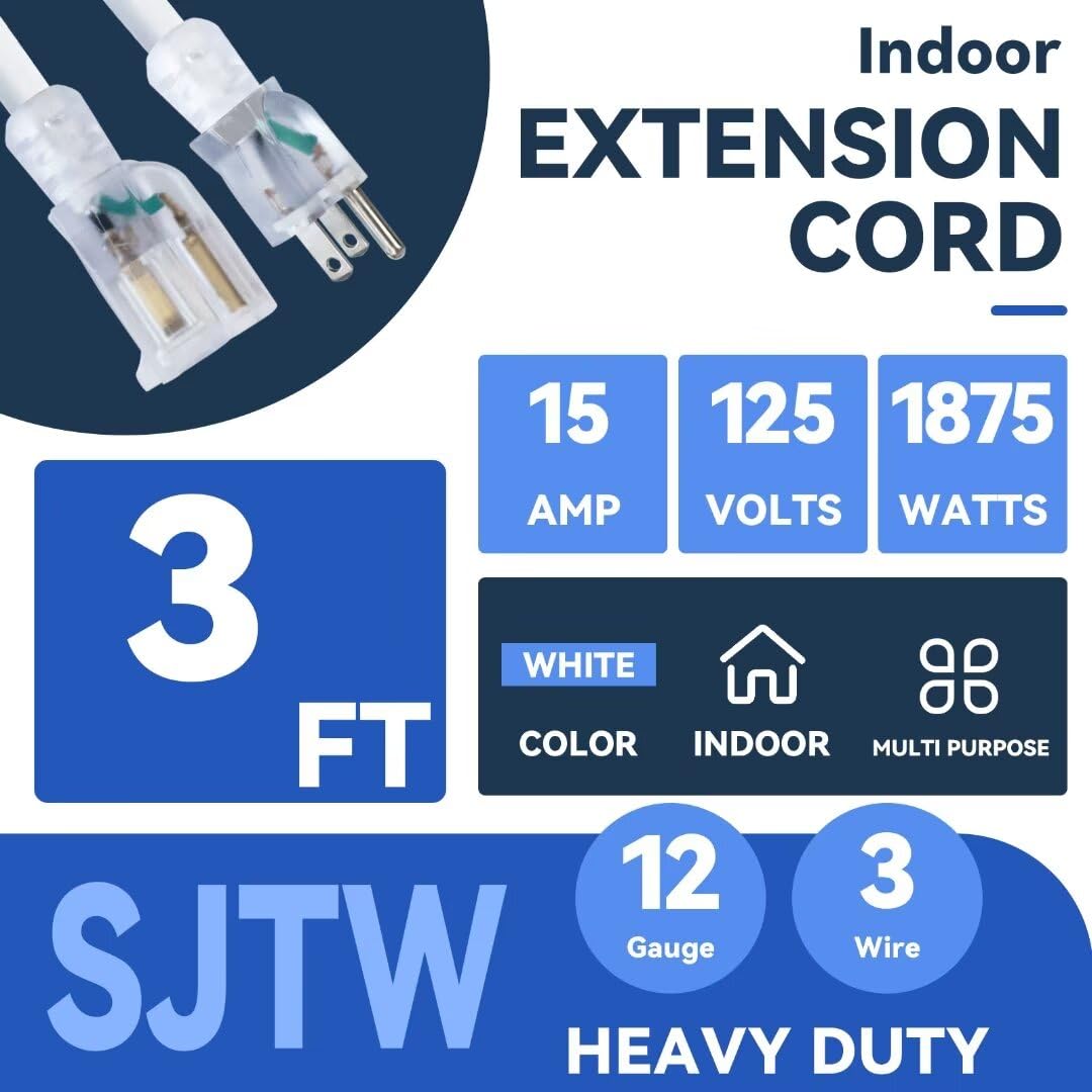 Fnxpow Indoor Extension Cord, 12 Gauge 3 Prong Weatherproof Heavy Duty White Extension Cord With Lighted Indicator End, Sjtw 15A