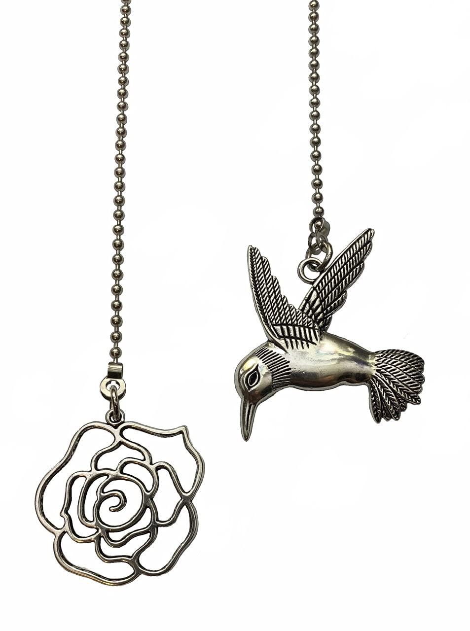 Qichi Large Hummingbird And Rose Fan Light Pull Chain Ornament Set, Silver