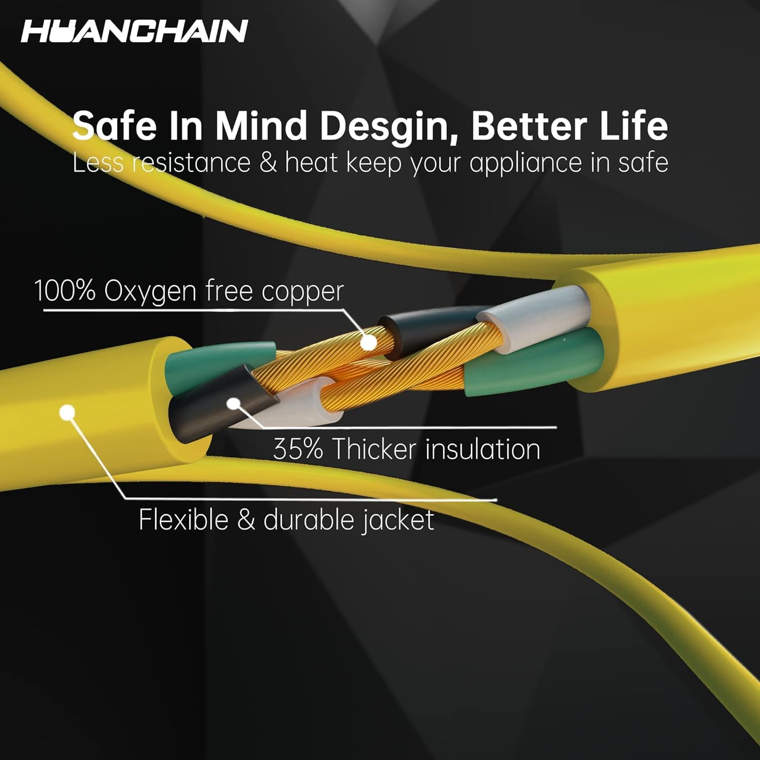 Huanchain Outdoor Extension Cord 60 Foot Waterproof, 16/3 Gauge Flexible Cold Resistant Appliance Extension Cable Outside, 10A 1