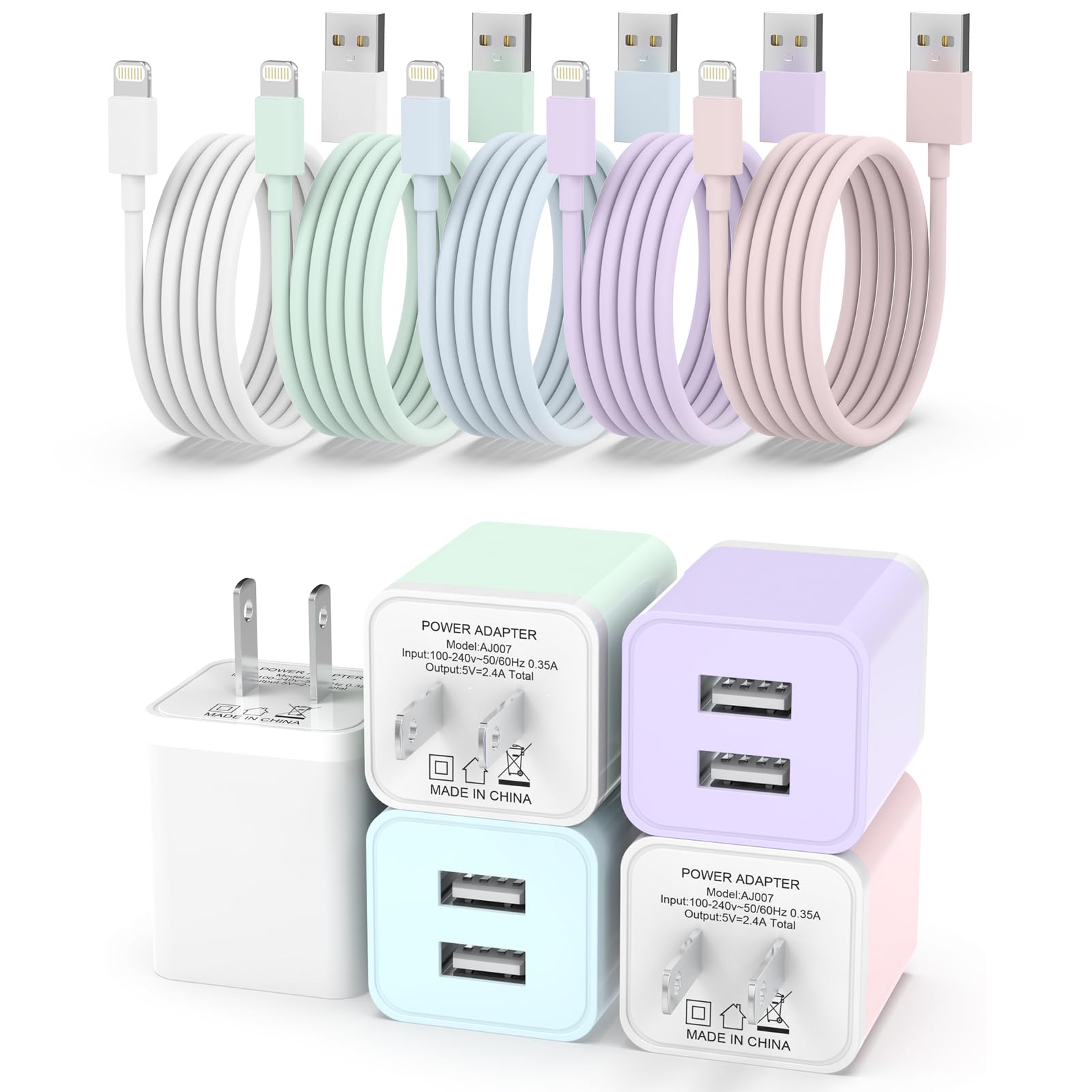 5Pack Iphone Charger [Mfi Certified], Igenjun Dual Port Usb Wall Charger Block Adapter With 6Ft Lightning Cable Fast Charging Data Sync Cords For Iphone 14 13 12 11 Pro Max Xr Xs Plus Multicolor