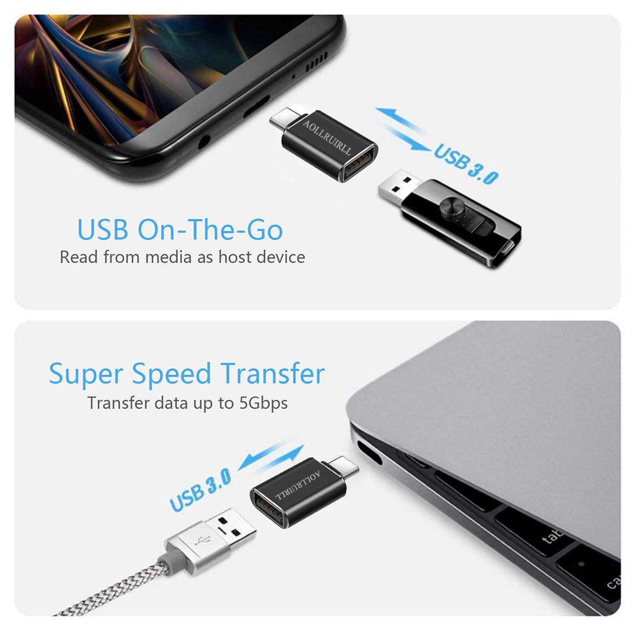 AOLLRUIRLL 3 Pack USB C to USB 3.0 Adapter SuperSpeed Data Transfer Fast Charging Aluminum Black