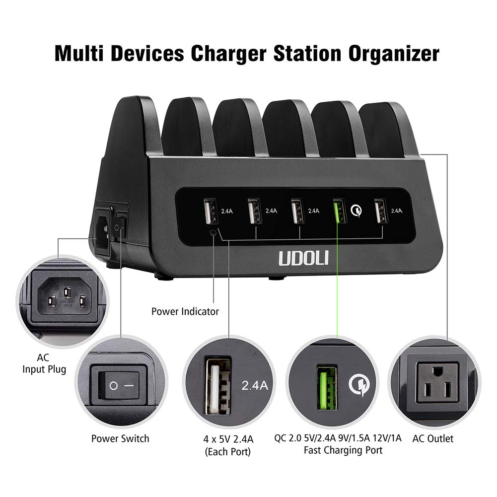 Udoli 5 Usb Ports Charging Station Organizer For Multiple Devices Fast Charging Desktop Stand For Apple Android Phone Tablet 160