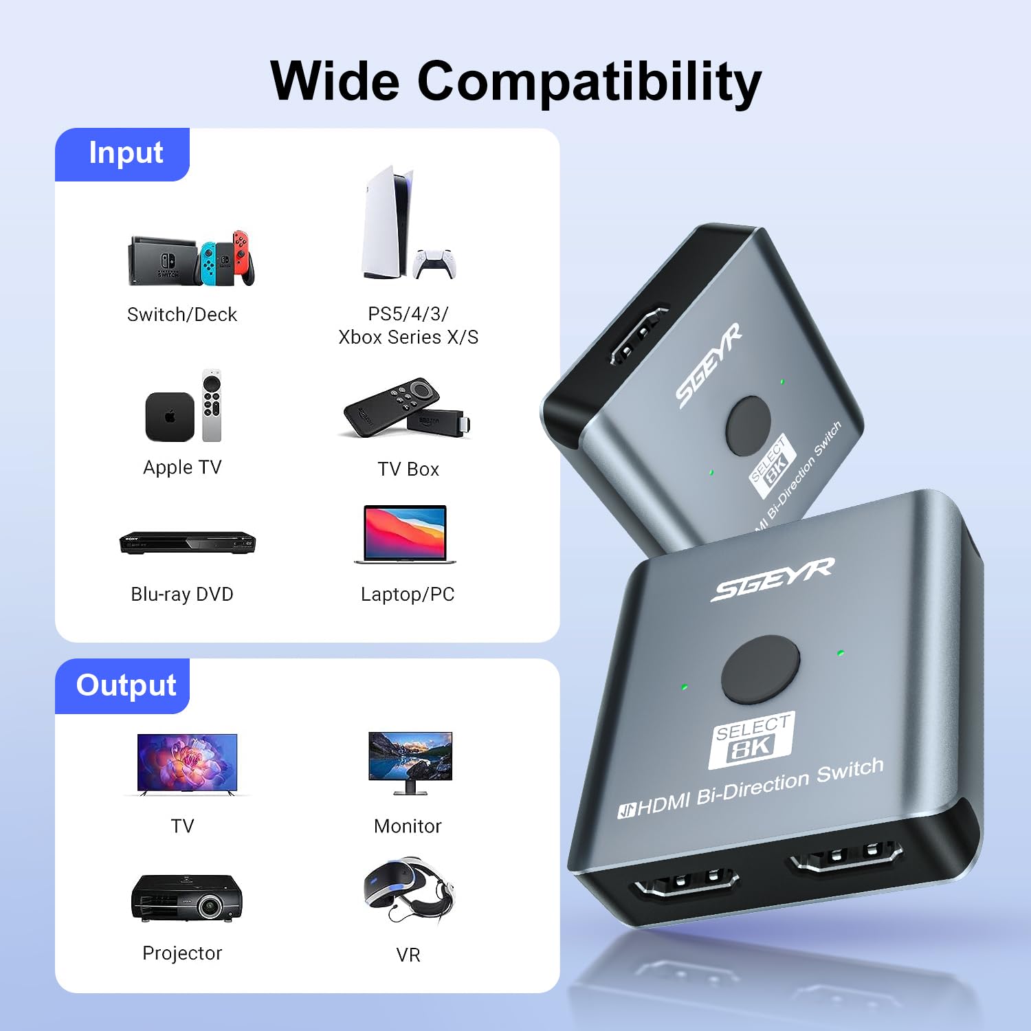 Sgeyr Hdmi Switch, 8K Hdmi Switcher 2 In 1 Out,Hdmi 2.1 Switch Selector,Aluminum Hdmi 2.1 Splitter Bi Directional Ultra Hd, Support 8K@60Hz,48Gbps, Compatible With Ps5/4,Xbox,Roku(Grey)