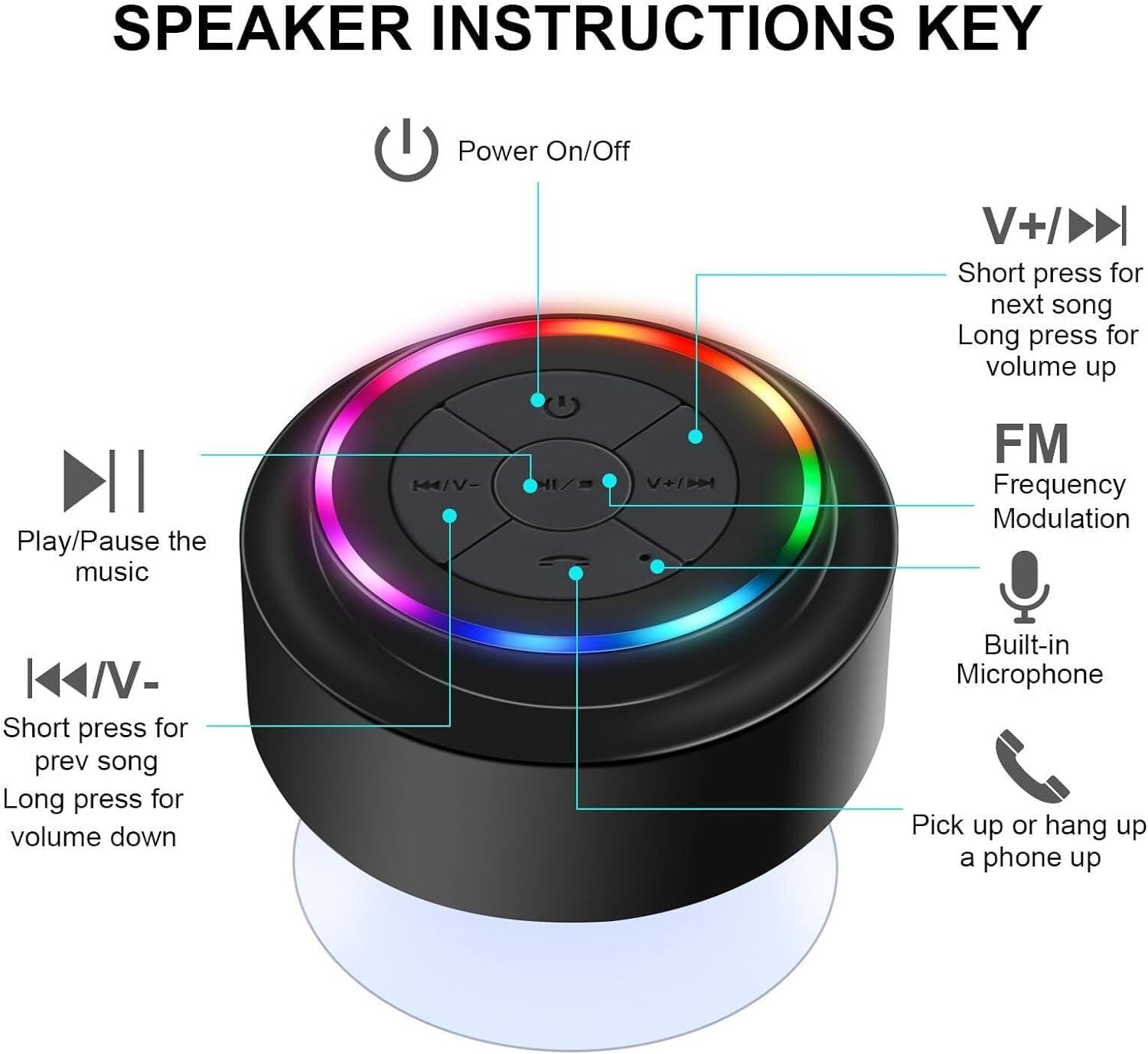 Haissky Bluetooth Shower Speakers, Portable Wireless Speaker With Suction Cup, Ip67 Waterproof Speaker With Led Light, Pairs Eas