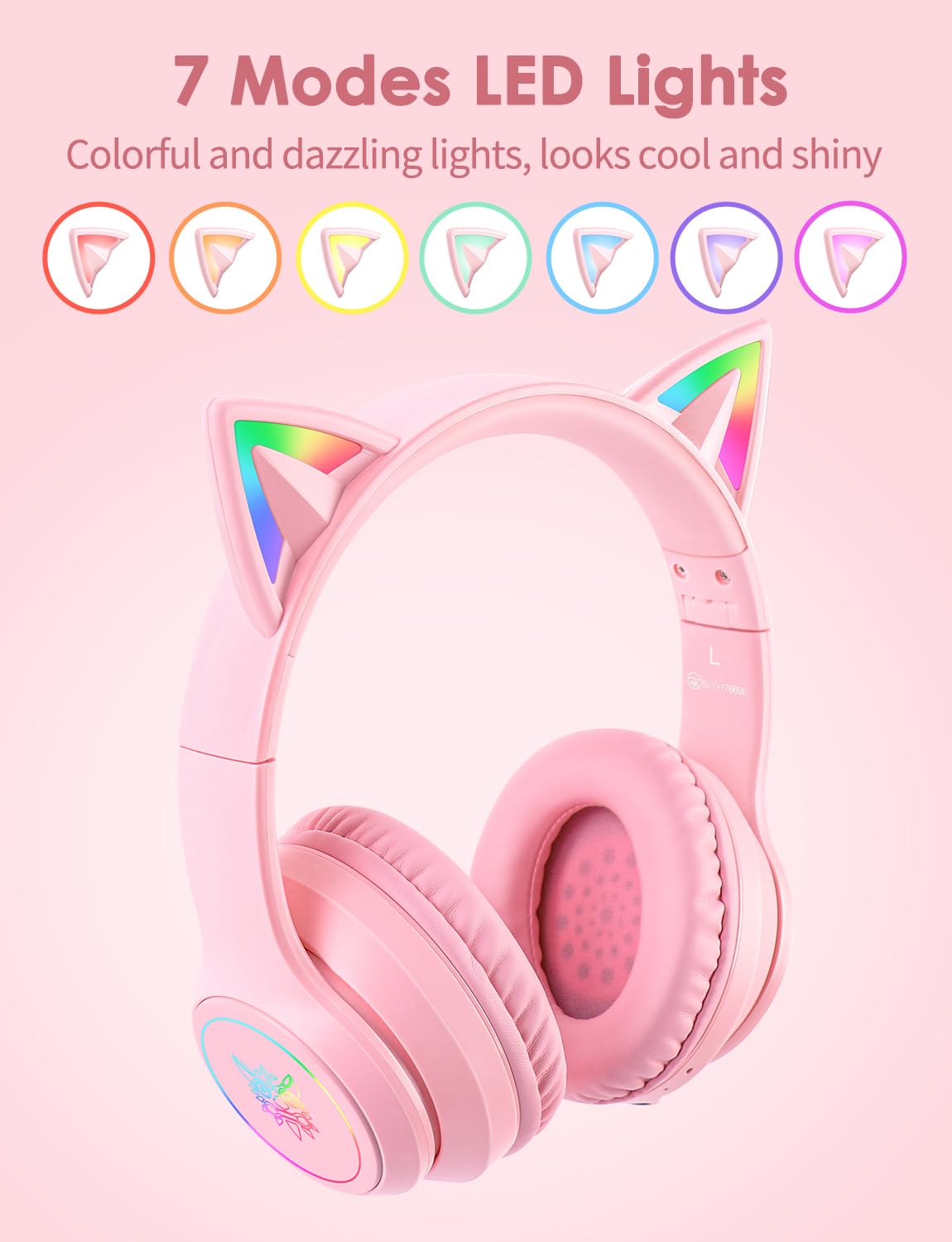 Onitoon Cat Ear Bluetooth Headphones With Micphone For Kids & Adults, Led Light Up Wireless Hi-Fi Sound Quality, Over-Ear Headph