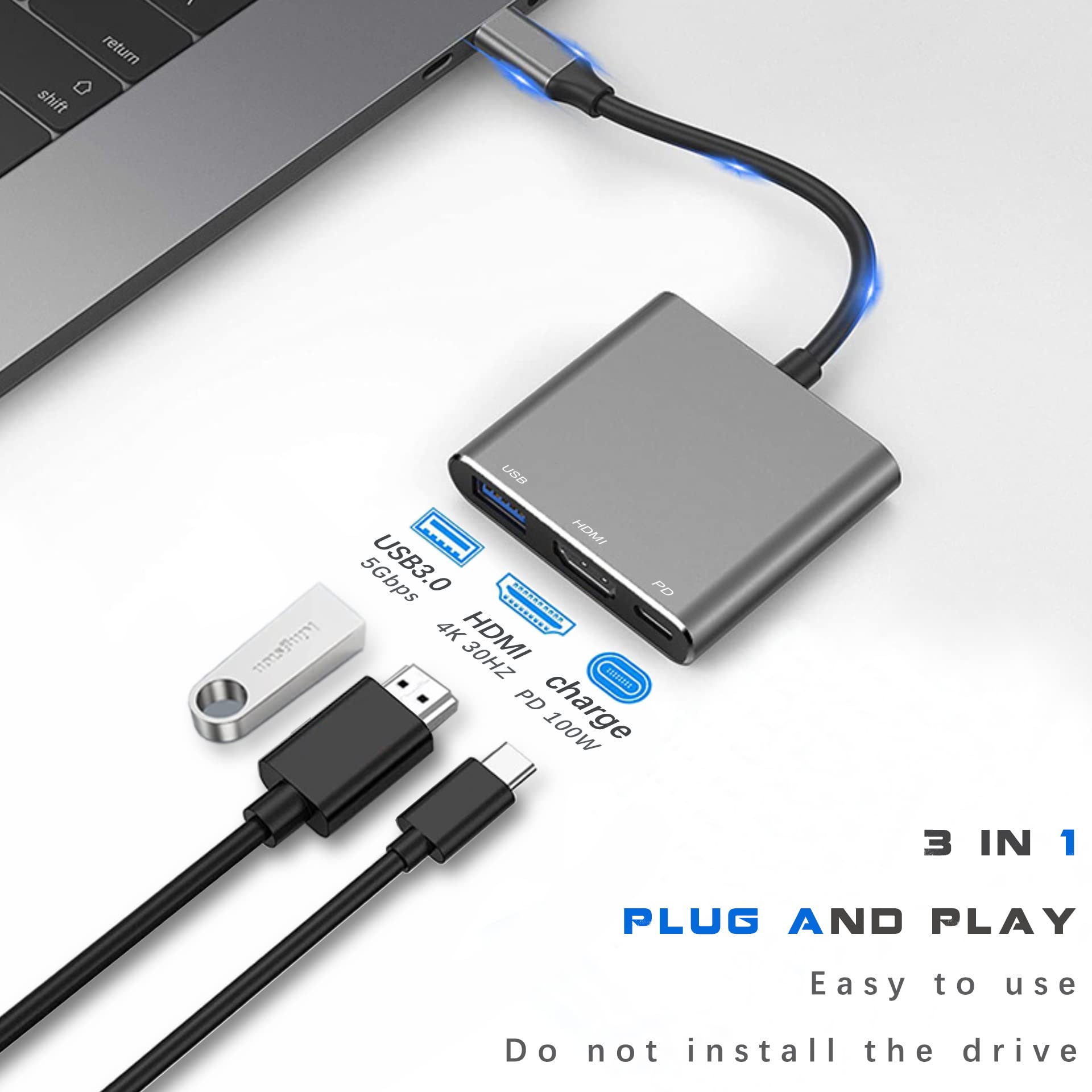 Usb C To Hdmi Multiport Adapter With Charging Port, Hdmi To Usb C Hub Adapter For Monitor To Laptop, Usb C To Usb Adapter 10Gbps