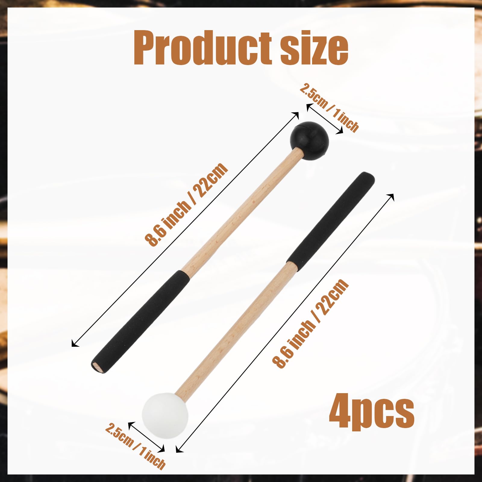 2 Pairs Xylophone Mallets, 8.6 Inch Rubber Percussion Sticks With Soft Rubber Handle, For Glockenspiel Marimba Timpani Tongue Dr