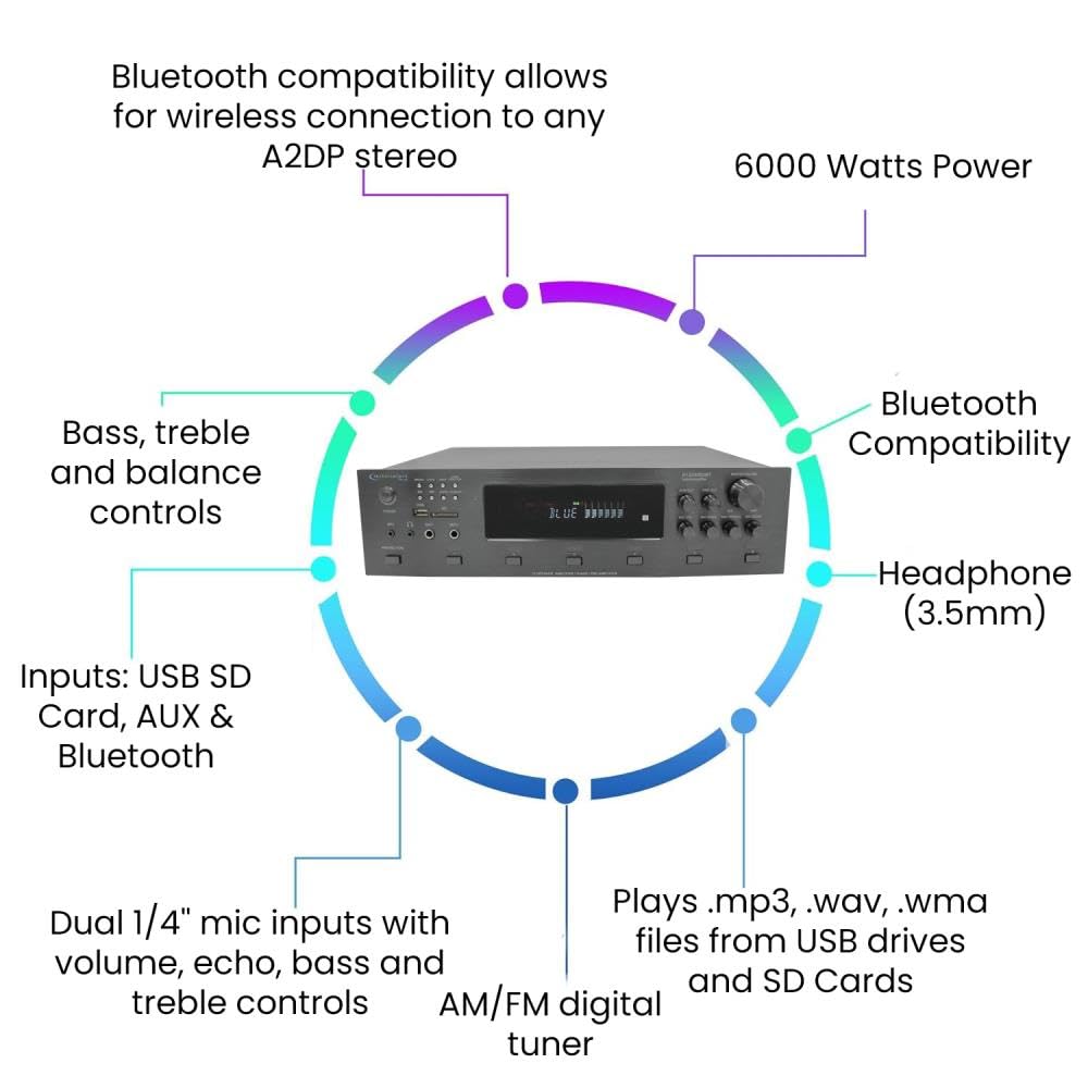 Technical Pro 6000 Watts 6 Zone Digital Bluetooth Hybrid Amplifier Preamp Tuner W/Speaker Usb, Sd Card Output, 2 Mic Inputs, Bass & Treble Controls, Cooling Speed Fan & Lcd Display