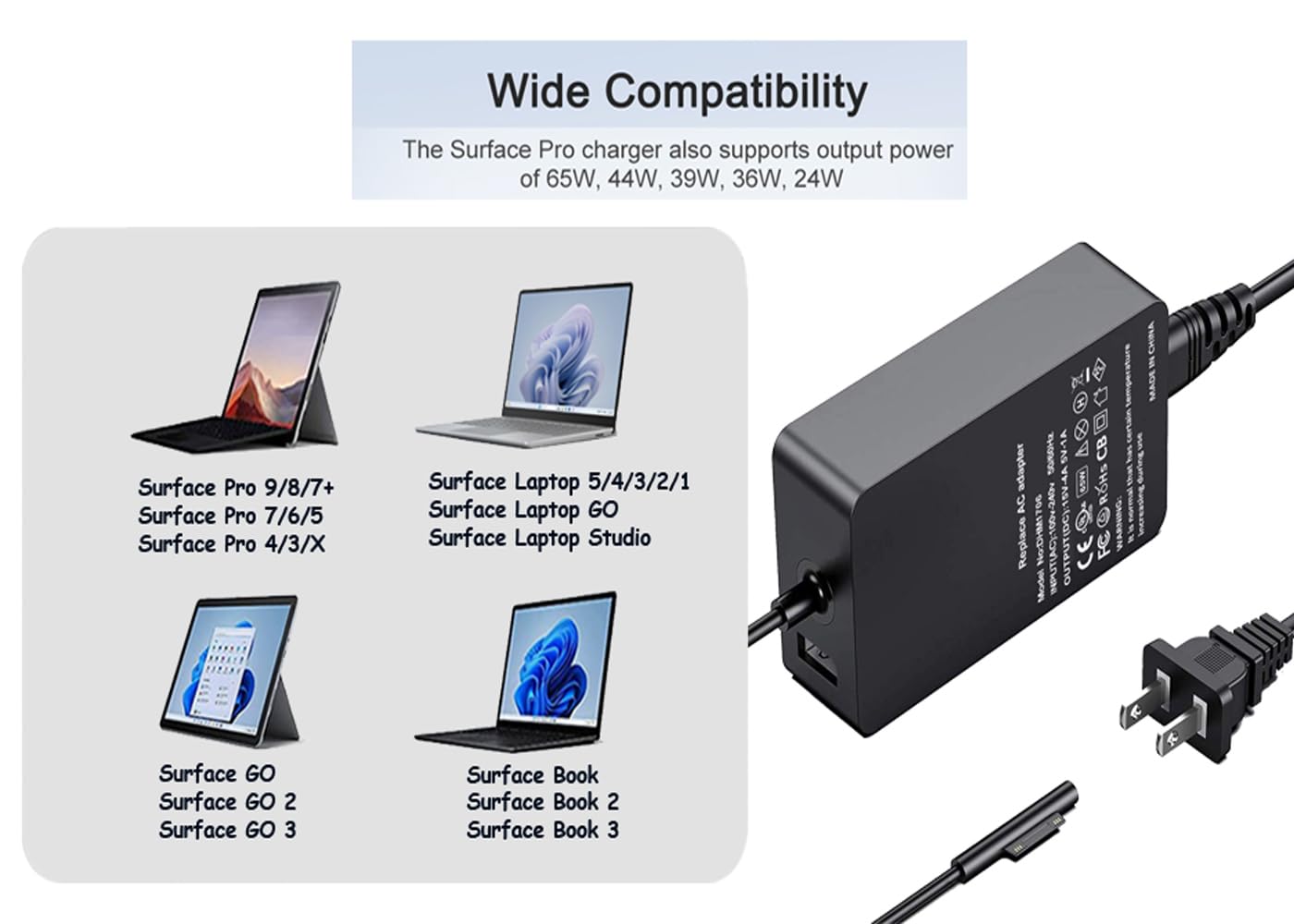 Surface Laptop Charger 65W 44W 36W 24W Surface Pro Charger Compatible With Microsoft Surface Pro 3/4/5/6/7/8/9/X Surface Laptop