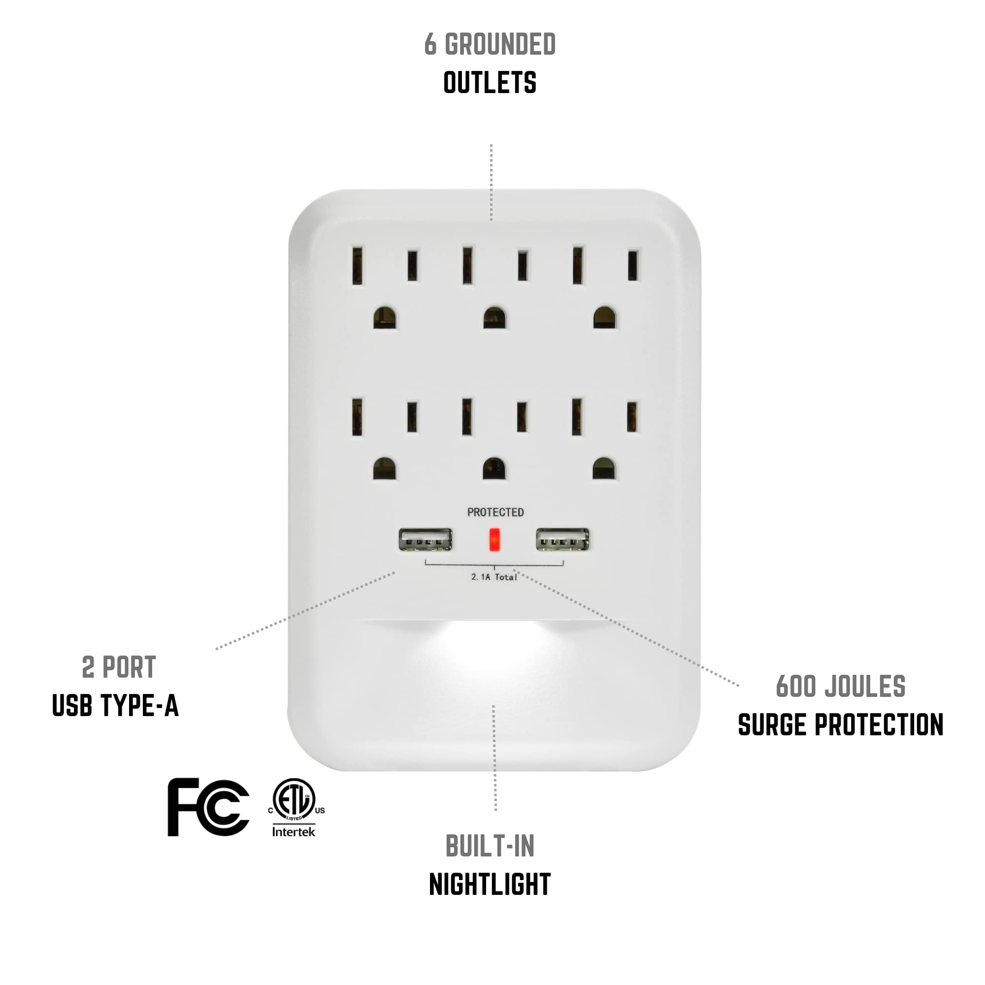 Clear Power 2Pack: 6 Outlet 600 Joule Surge Protector Wall Tap W/2 Port Usb A Charger & Nightlight, Cp30005X2