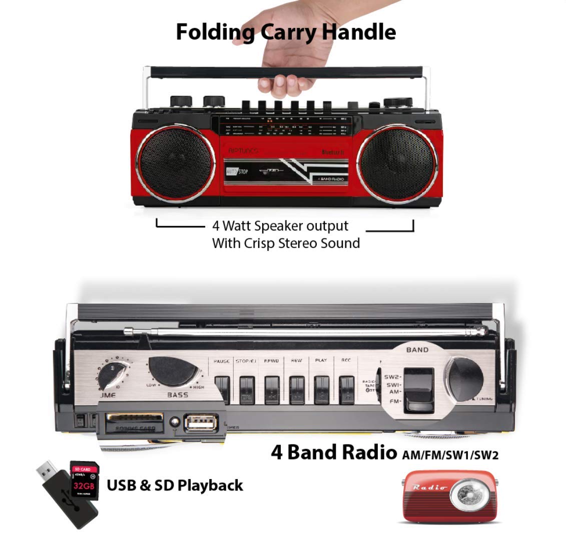 Riptunes Cassette Boombox, Retro Blueooth Boombox, Cassette Player And Recorder, Am/Fm/Sw 1 Sw2 Radio 4 Band Radio, Usb, And Sd, Red