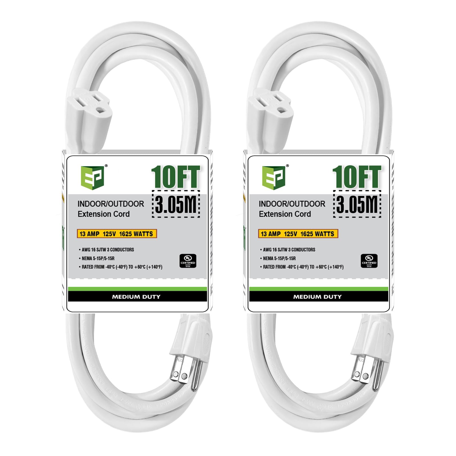 Ep 2 Pack 10 Ft Outdoor Extension Cord   16/3 Sjtw White Electrical Cable With 3 Prong Grounded Plug, Ul Listed