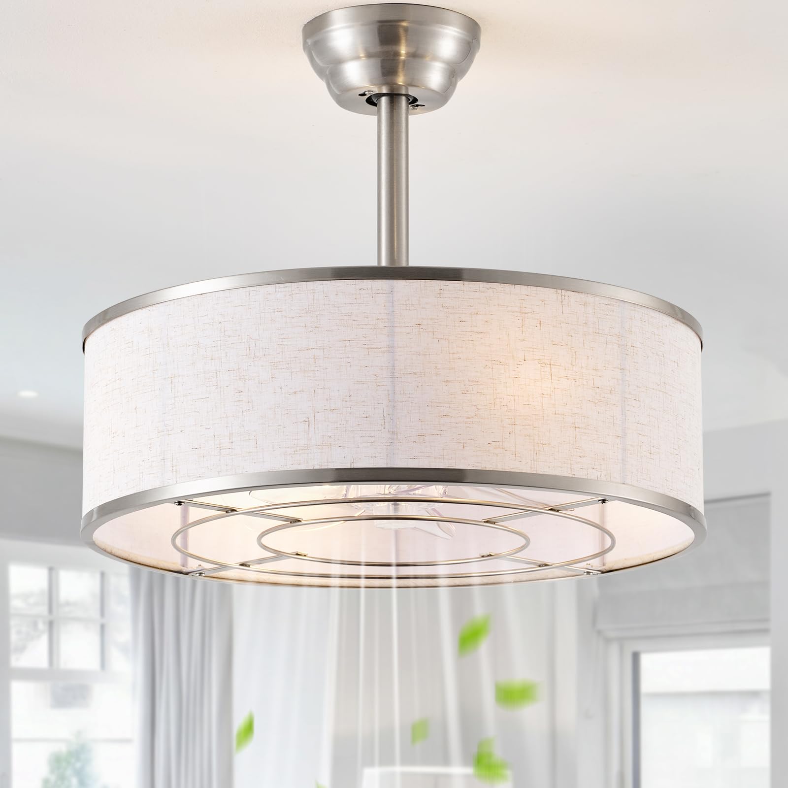 Tuirmhais 20 Sliver Caged Boho Fandelier Ceiling Fan with Light & Remote Control - Bladeless Chandelier Fan, 6 Speed Quiet Rever