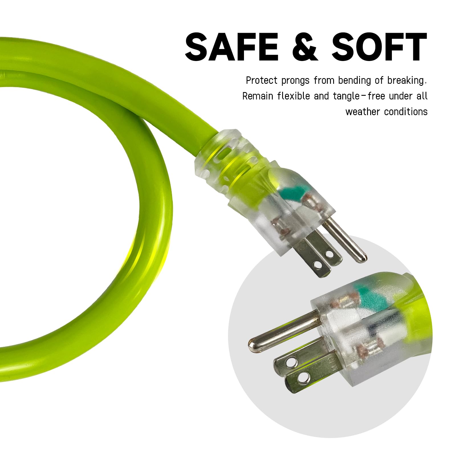 Ep 10 Ft Lighted Outdoor Extension Cord   10/3 Sjtw Heavy Duty Green Extension Cable With 3 Prong Grounded Plug For Safety, Ul L