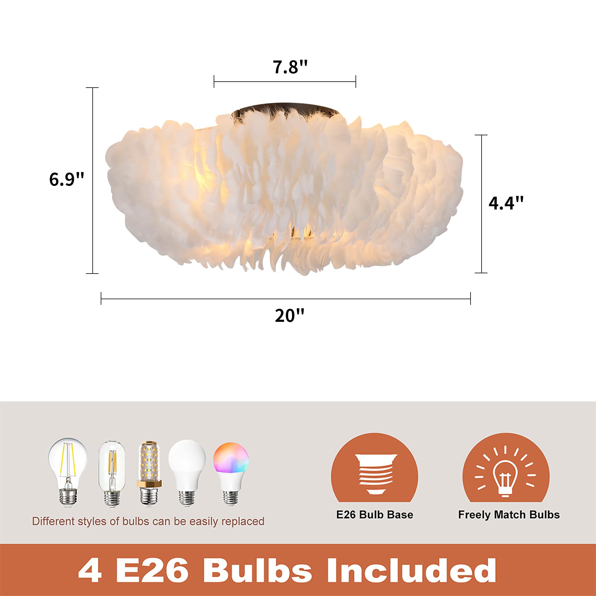 Xudom 20 Modern Ceiling Fans With Lights And Remote Control,White Feather Chandeliers Stylish Low Profile Ceiling Fan For Bedroo