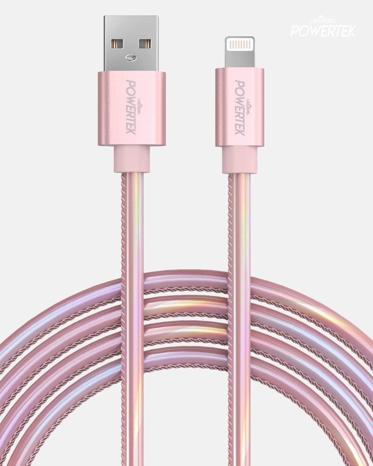 Liquipel Powertek Iphone Charger Cable, 6 Ft Fast Charging Lightning To Usb Cord Adapter, Compatible For Ipad, Mfi Certified, Metallic Shine (Light Pink)