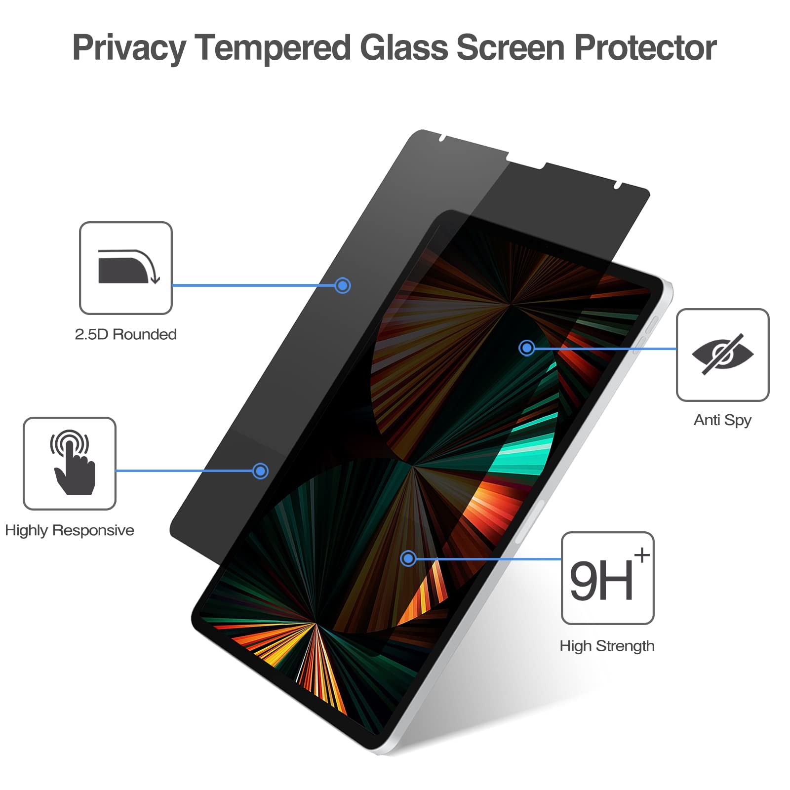 Procase For Ipad Pro 12.9 4 Way Privacy Screen Protector 2022 2021 2020 2018, 360 Degree Anti Spy Tempered Glass Film Guard For