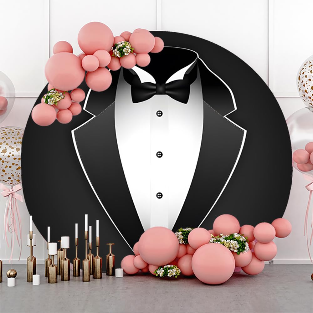 Yongfoto Gentleman Black Tuxedo Round Backdrop Cover 7.5Ft Black White Bow Tie Suit Photography Background Boy Man Father Brideg