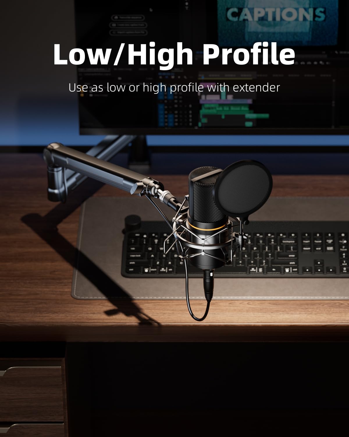 Todi Mic Stand Desk, Low/High Profile Mic Arm Bear 4.5Lbs With Extension Riser, Adjustable All Metal Desk Microphone Stand With