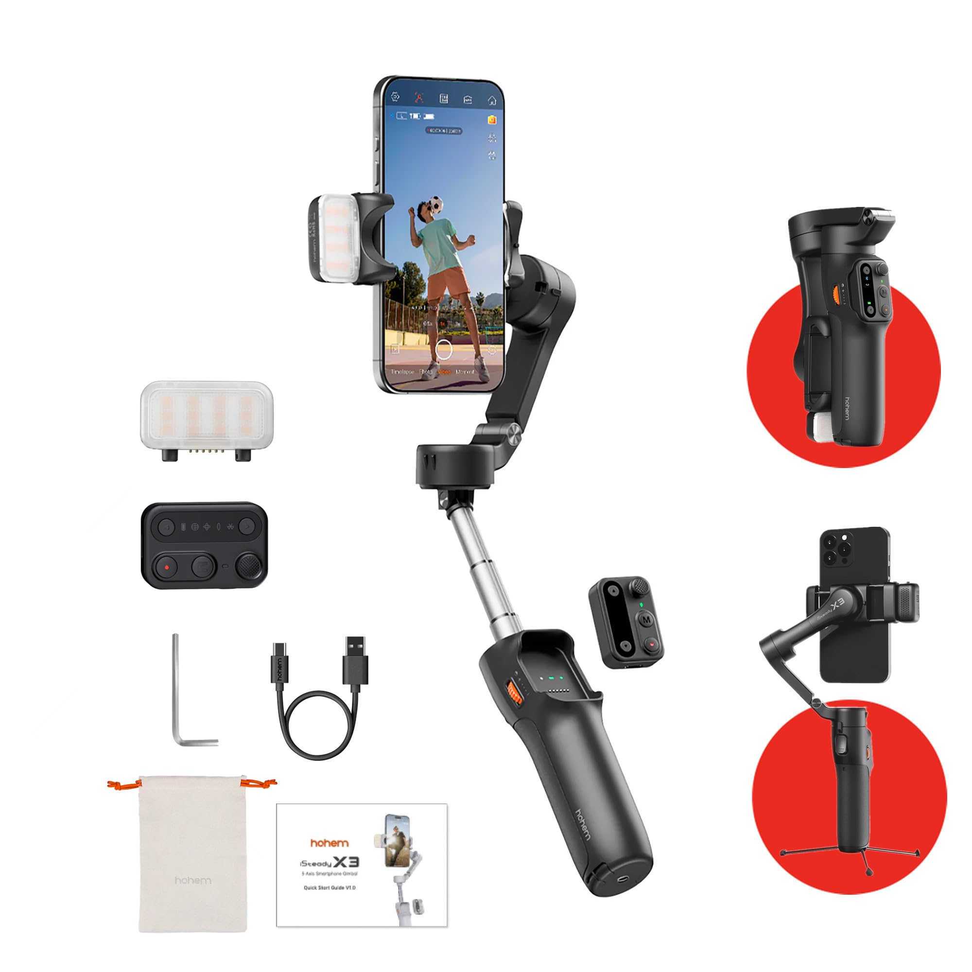 hohem iSteady x3 Gimbal Stabilizer for iPhone, AI Tracker Stabilizer, 3-Axis Smartphone Foldable Gimbal w/3-Color Fill Light, De