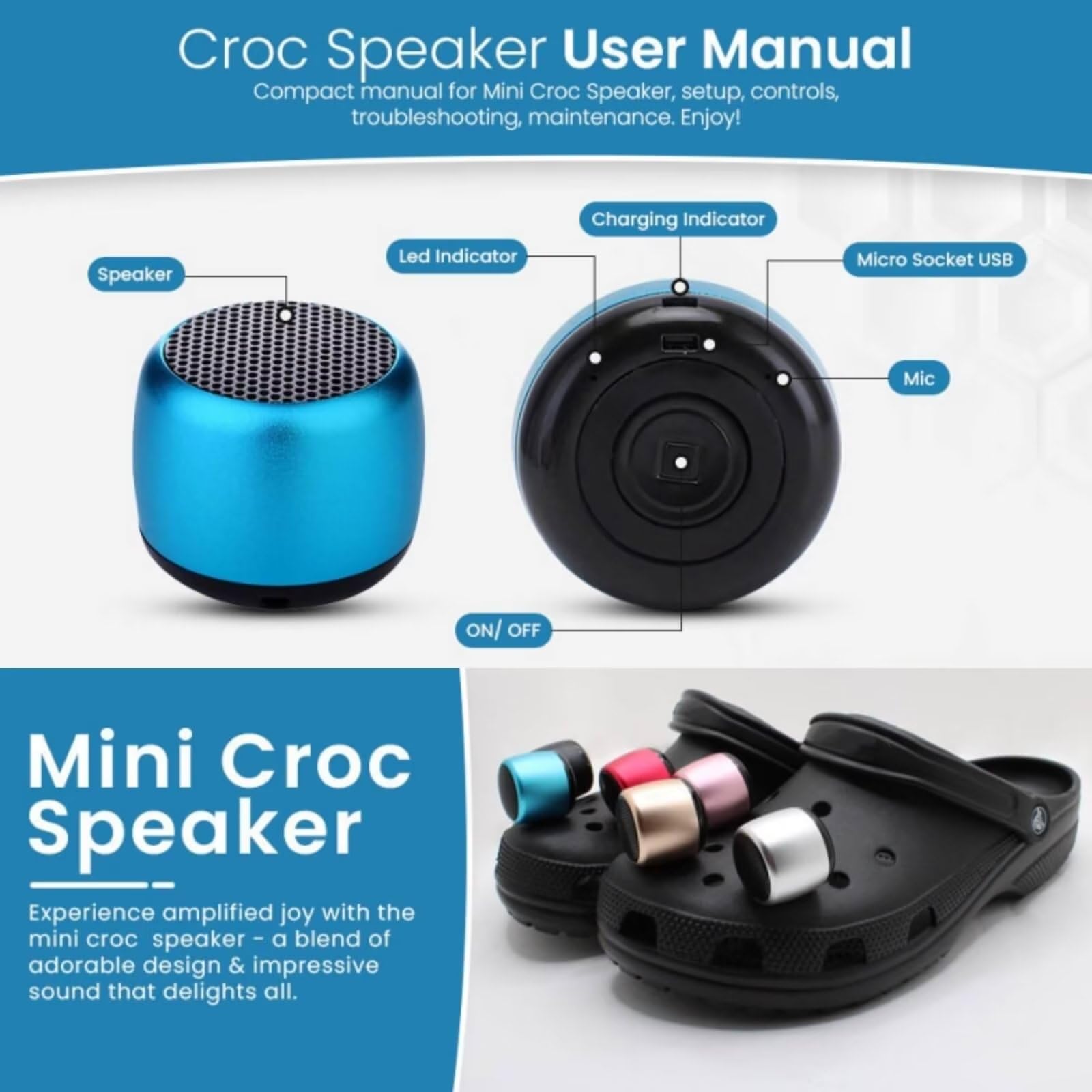 Uueenn Croc Speaker, Mini Speaker For Croc, Halloween Mini Speaker, Bluetooth Croc Charm, Silver