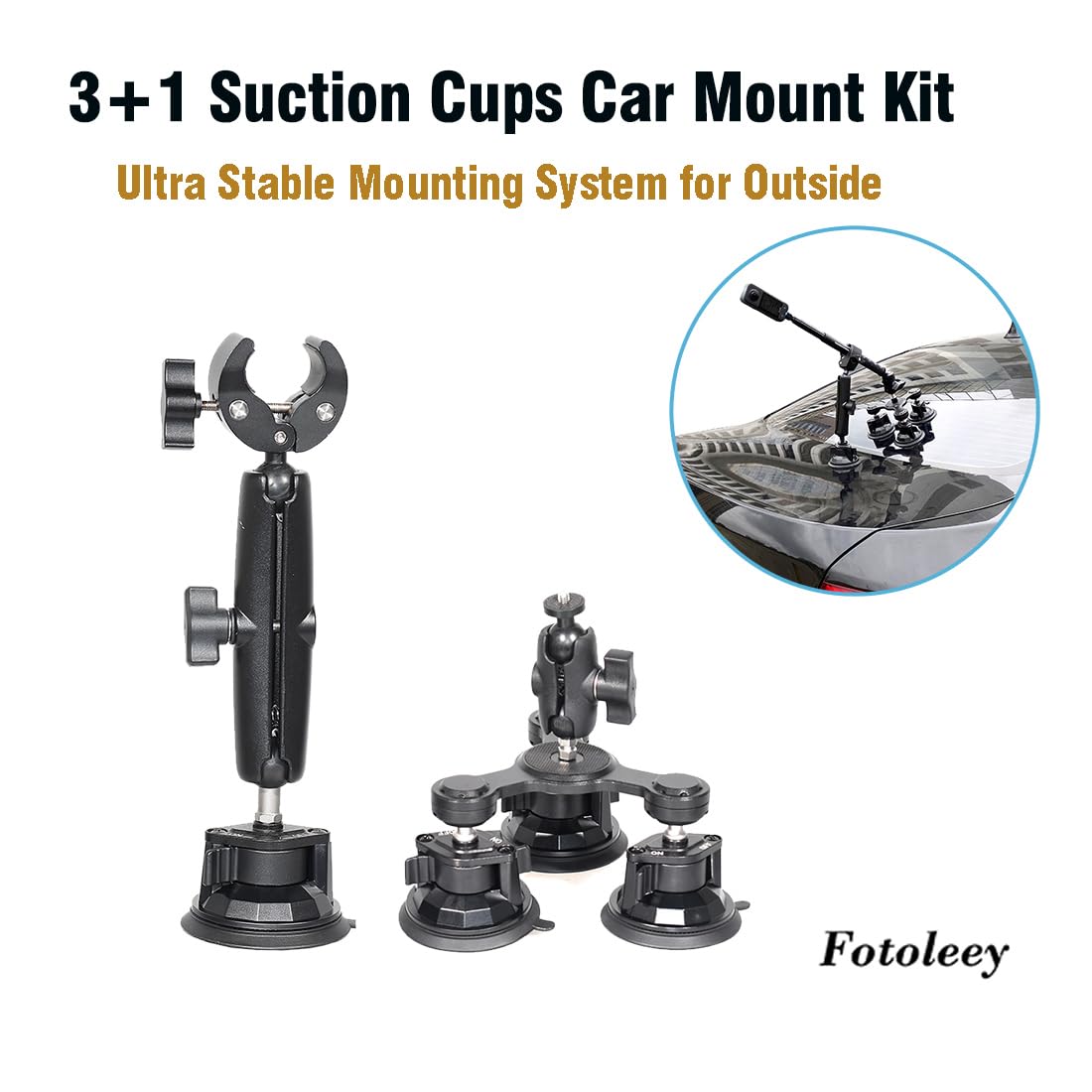 Fotoleey 360 Camera Heavy Duty Outside 4 Suction Cups Car Mount Kit For Insta360 X4/X3/One Rs Compatible With Gopro Max, Hero 12
