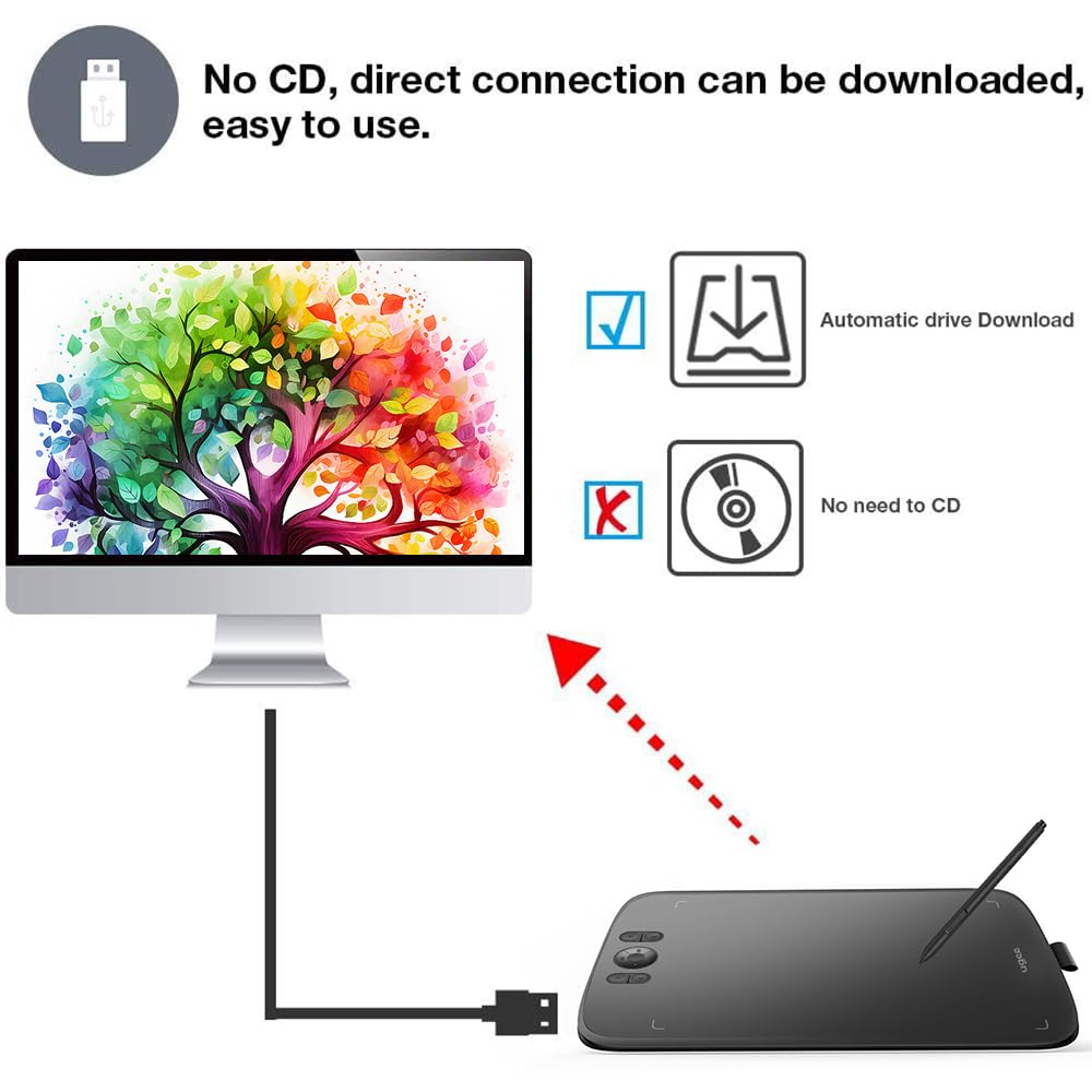 Ugee Graphics Drawing Tablet, M808 10X6.25 Inch Ultra Thin With 8 Customized Shortcut Keys, New Gen Battery Free Stylus Of 16K L